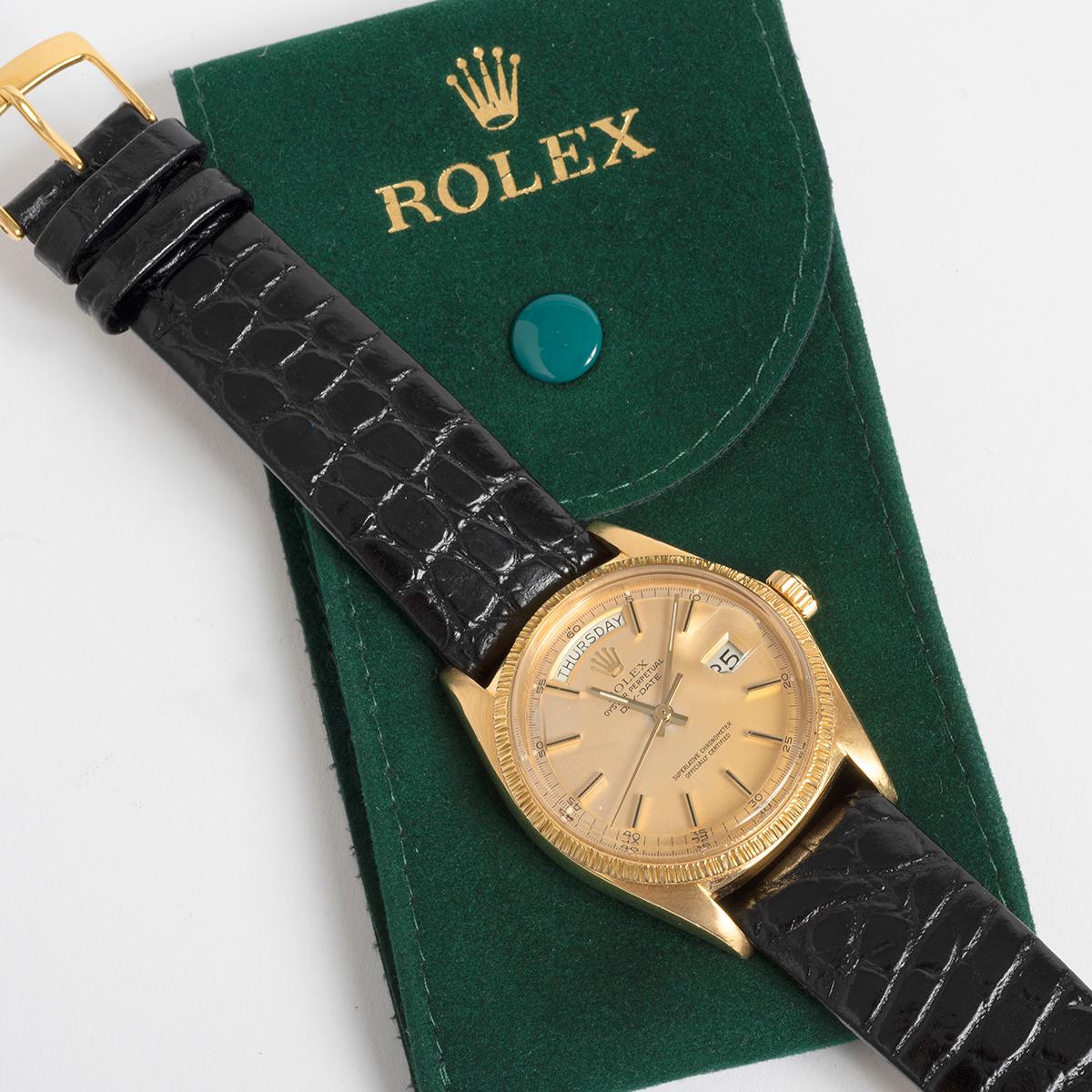 Women's or Men's Rolex Day Date Wristwatch Ref 1897. 18K Yellow Gold Case, Bark Effect Bezel 1970
