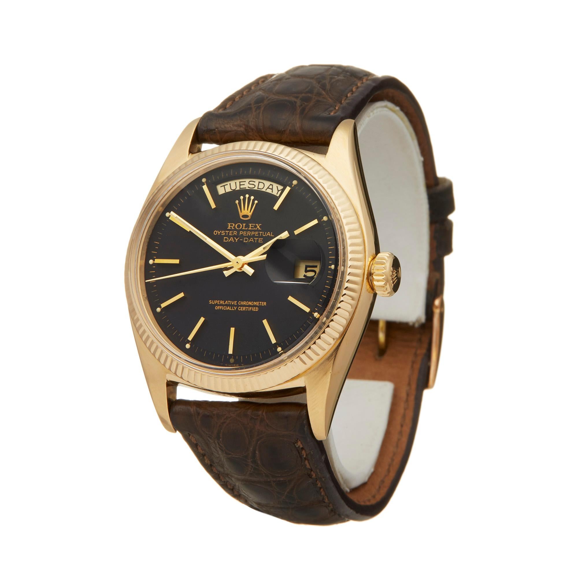 Ref: W5897
Manufacturer: Rolex
Model: Day-Date
Model Ref: 6611B
Age: Circa 1959
Gender: Mens
Complete With: Box Only 
Dial: Black Baton
Glass: Plexiglass
Movement: Automatic
Water Resistance: To Manufacturers Specifications
Case: Yellow Gold
Buckle