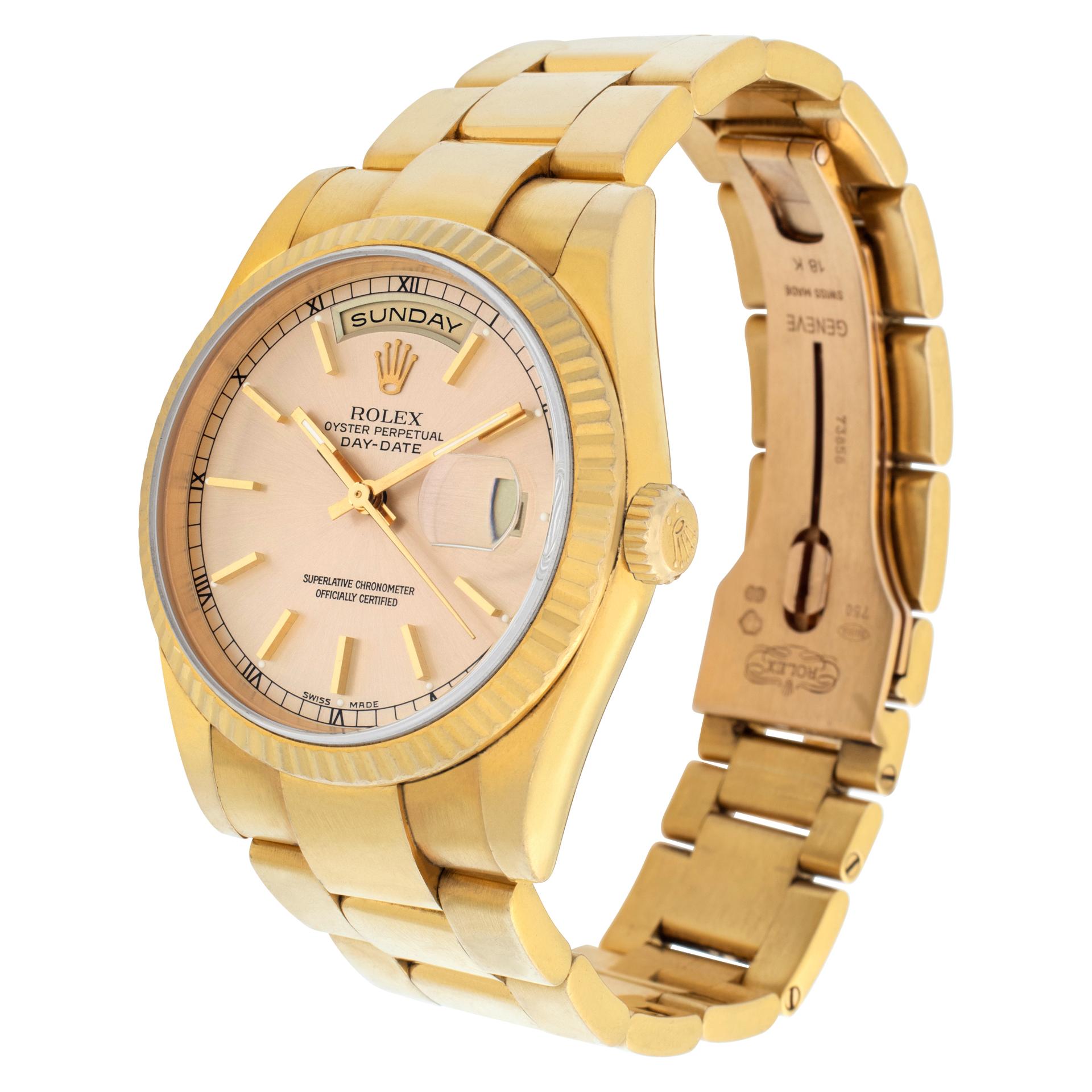 Rolex Day-Date in 18k. Auto, with sweep seconds, date and day. 36 mm case size. With box and papers. **Bank wire only at this price** Ref 118238. Circa 2003. Fine Pre-owned Rolex Watch.

 Certified preowned Dress Rolex Day-Date 118238 watch is made