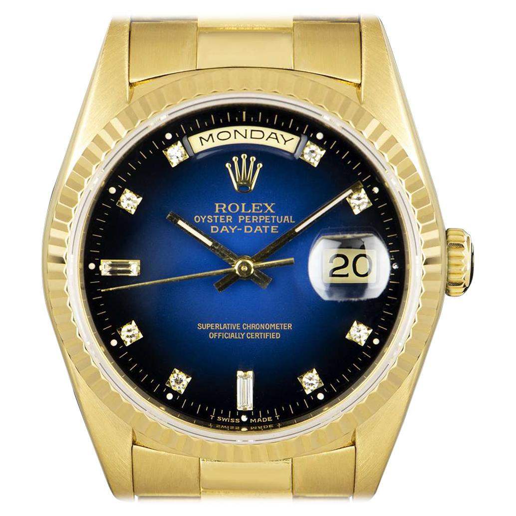 Rolex Day-Date Yellow Gold Blue Vignette Diamond Dial 18238 Automatic Watch