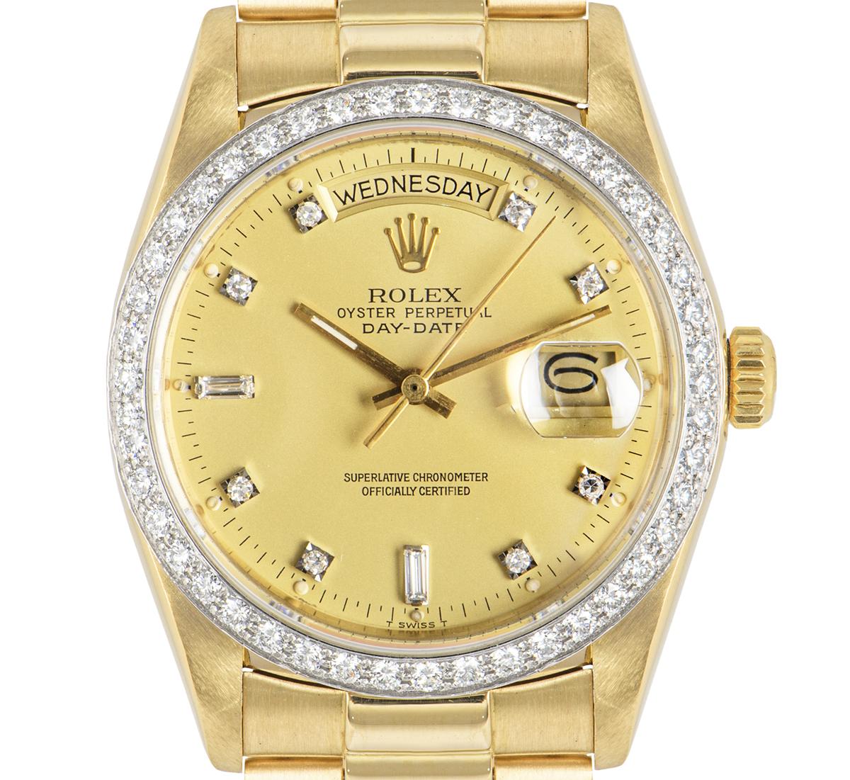 Round Cut Rolex Day-Date Yellow Gold Diamond Set Watch 18048