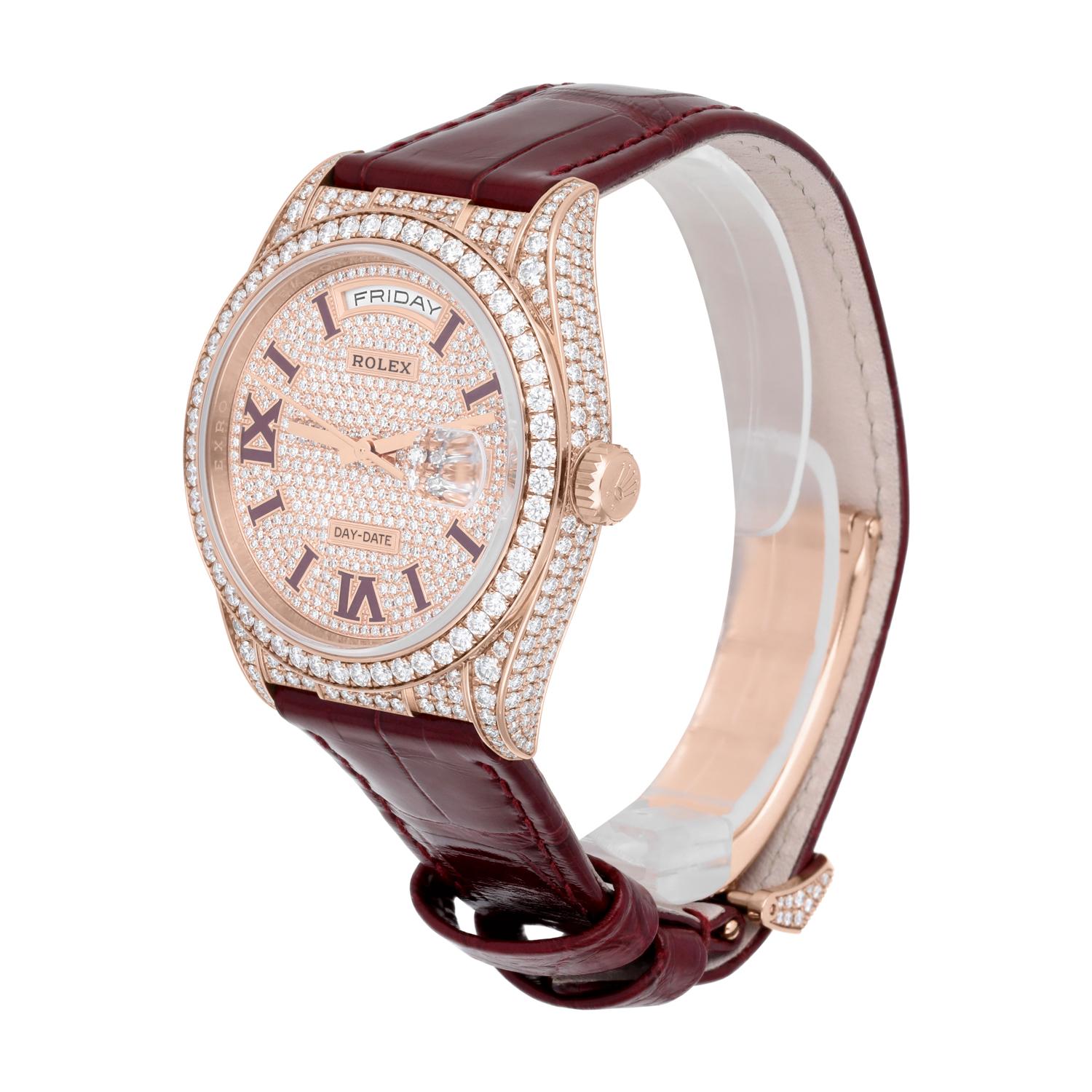 Rolex DayDate 36mm 18K Rose Gold Diamond Bezel Pave Diamond Roman Dial 128155RBR In New Condition In New York, NY