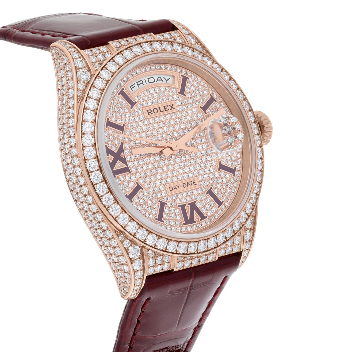 Women's Rolex DayDate 36mm 18K Rose Gold Diamond Bezel Pave Diamond Roman Dial 128155RBR