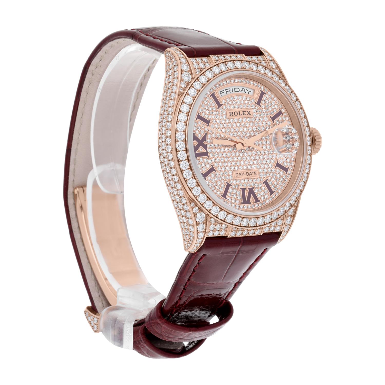 Rolex DayDate 36mm 18K Rose Gold Diamond Bezel Pave Diamond Roman Dial 128155RBR 1