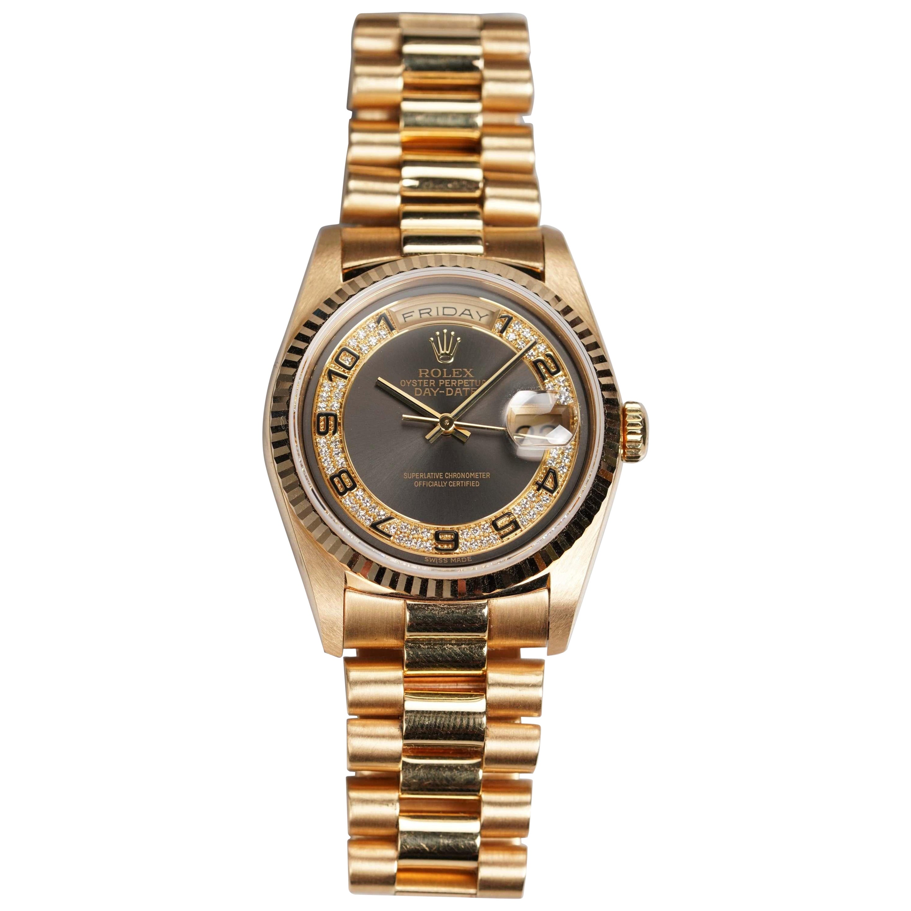 Rolex Daydate Myriad Diamant-Zifferblatt Uhr in 18K Gelbgold, 1991 im Angebot