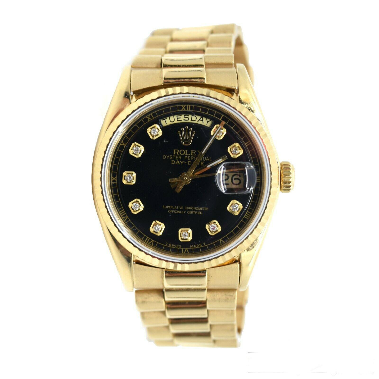 Women's or Men's Rolex Daydate President 18 Karat Yellow Gold Black Diamond Dial Watch 'R-54'