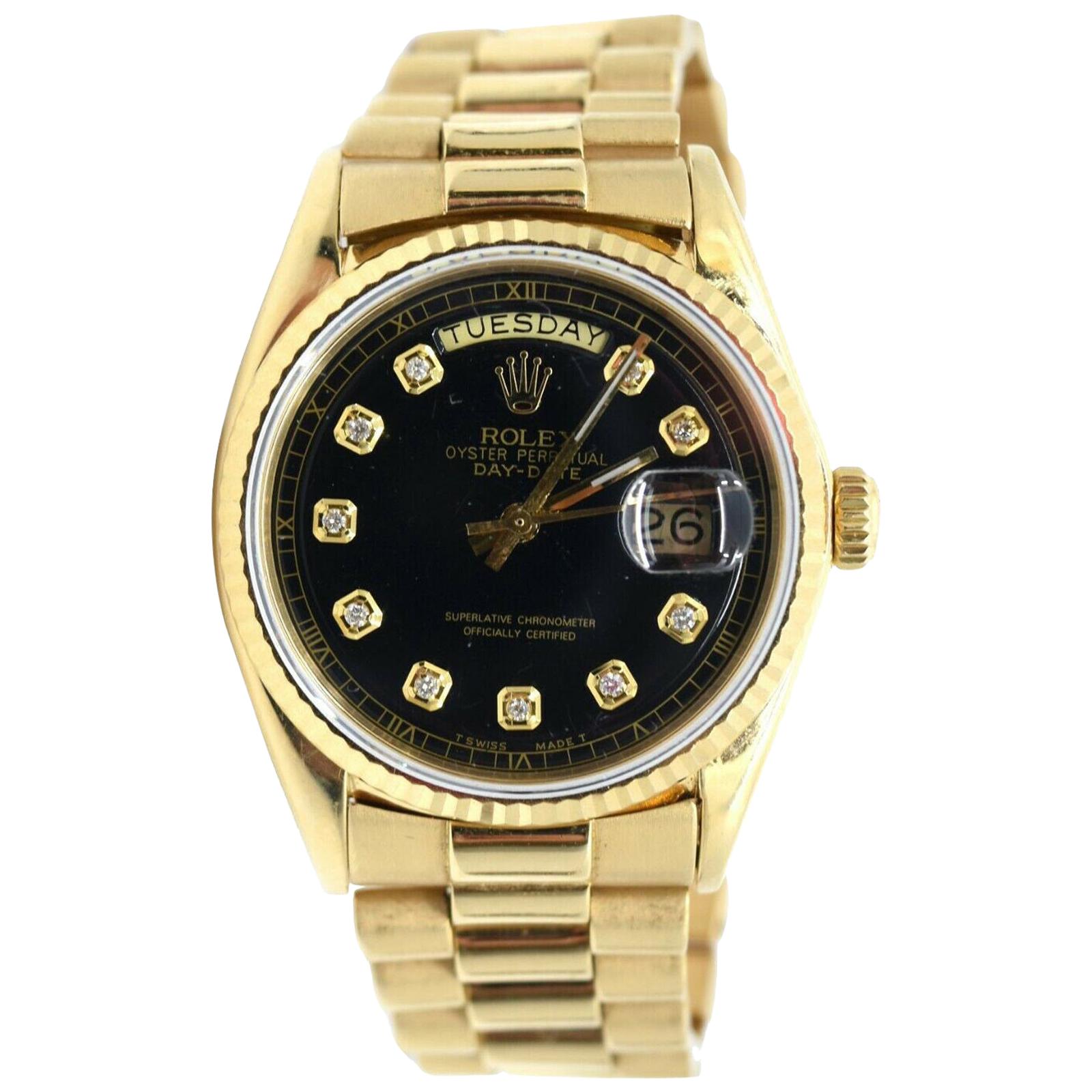 Rolex Daydate President 18 Karat Yellow Gold Black Diamond Dial Watch 'R-54'