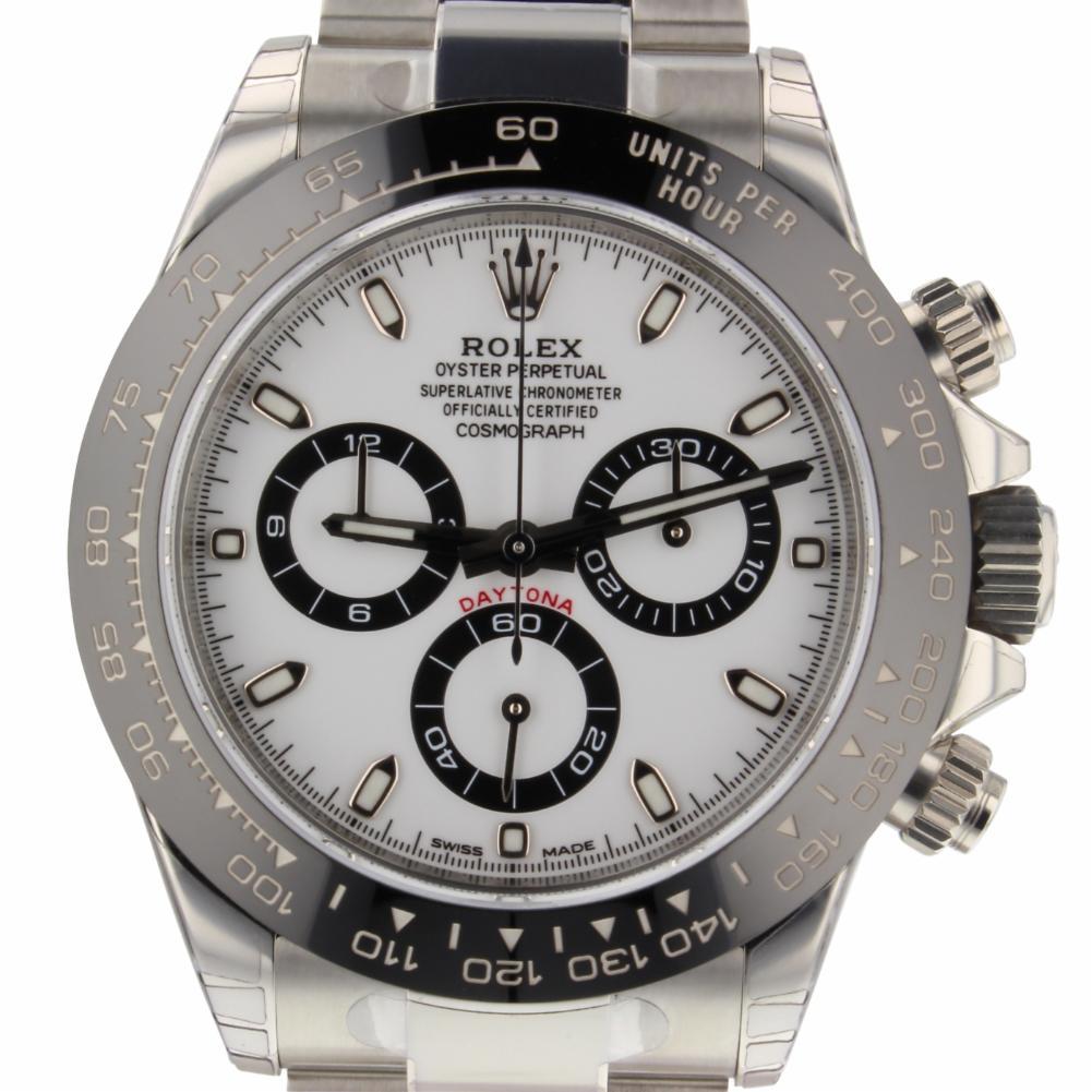 Rolex Daytona Reference #:116500. Rolex Daytona 40mm Ceramic Steel White Watch 116500 Box Paper 2019 Full Stickers. Verified and Certified by WatchFacts. 1 year warranty offered by WatchFacts.
