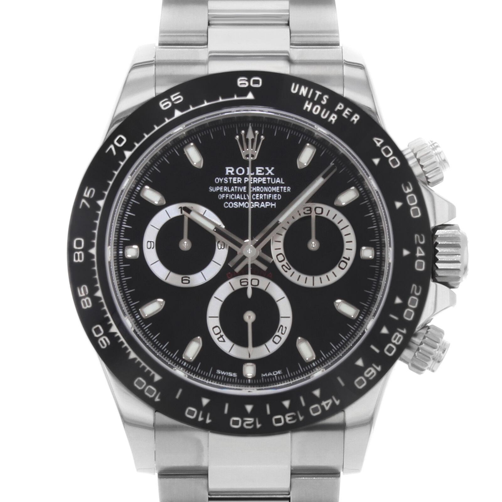 This pre-owned Rolex Daytona 116500LN is a beautiful men's timepiece that is powered by an automatic movement which is cased in a stainless steel case. It has a round shape face, chronograph, small seconds subdial, tachymeter dial and has hand