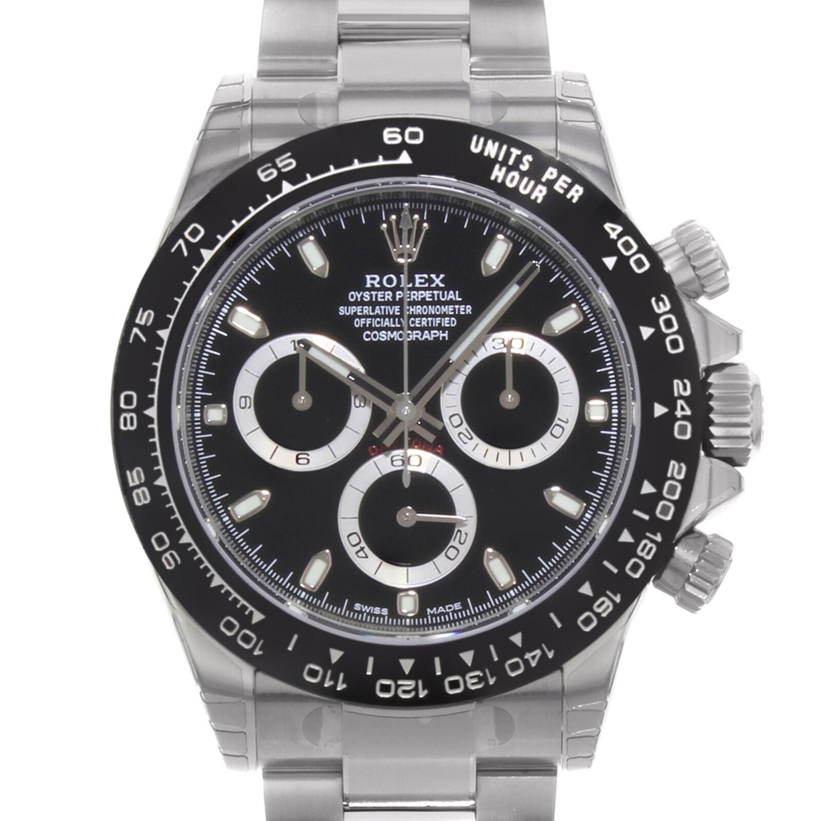 This brand new Rolex Daytona 116500LN bk is a beautiful men's timepiece that is powered by an automatic movement which is cased in a stainless steel case. It has a round shape face, chronograph, small seconds subdial, tachymeter dial and has hand