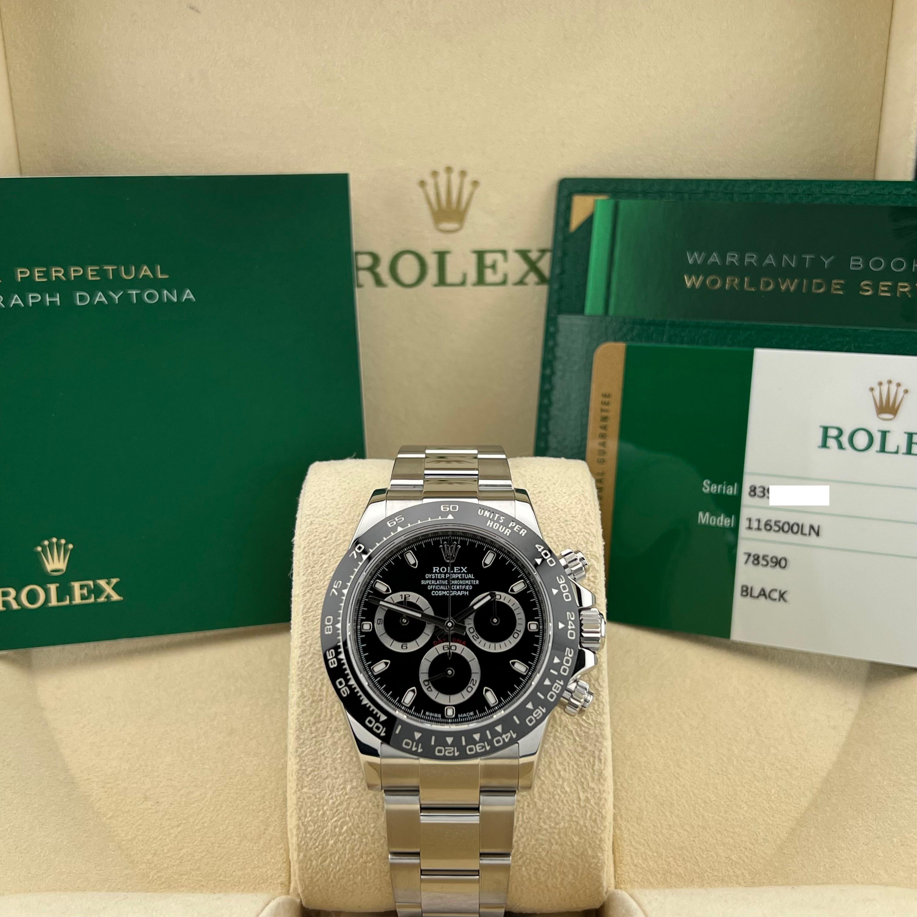 Style Number: 116500



Year: 2018

 

Model: Rolex Daytona 

 

Case Material: Stainless Steel 

 

Band: Stainless Steel 

  

Bezel: Black Ceramic

  

Dial: Black 

 

Face: Sapphire Crystal 

 

Case Size: 40mm 

 

Includes: 

-Rolex Box &