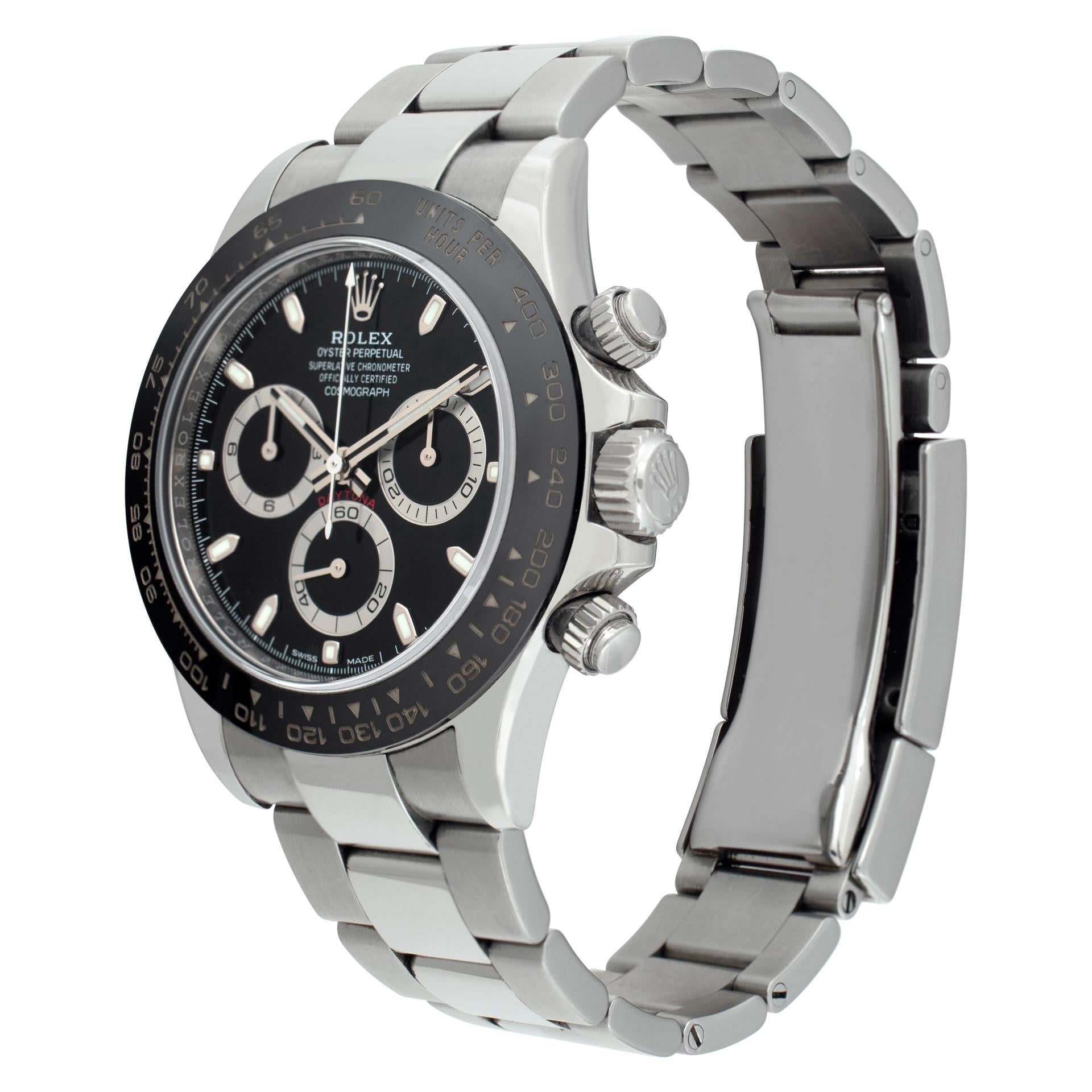 Rolex Daytona with black ceramic bezel  in stainless steel.  Auto w/ subseconds and chronograph. 40 mm case size. **Bank wire only at this price** Ref 116500LN. Circa 2010s. Fine Pre-owned Rolex Watch. Certified preowned Sport Rolex Daytona 116500LN