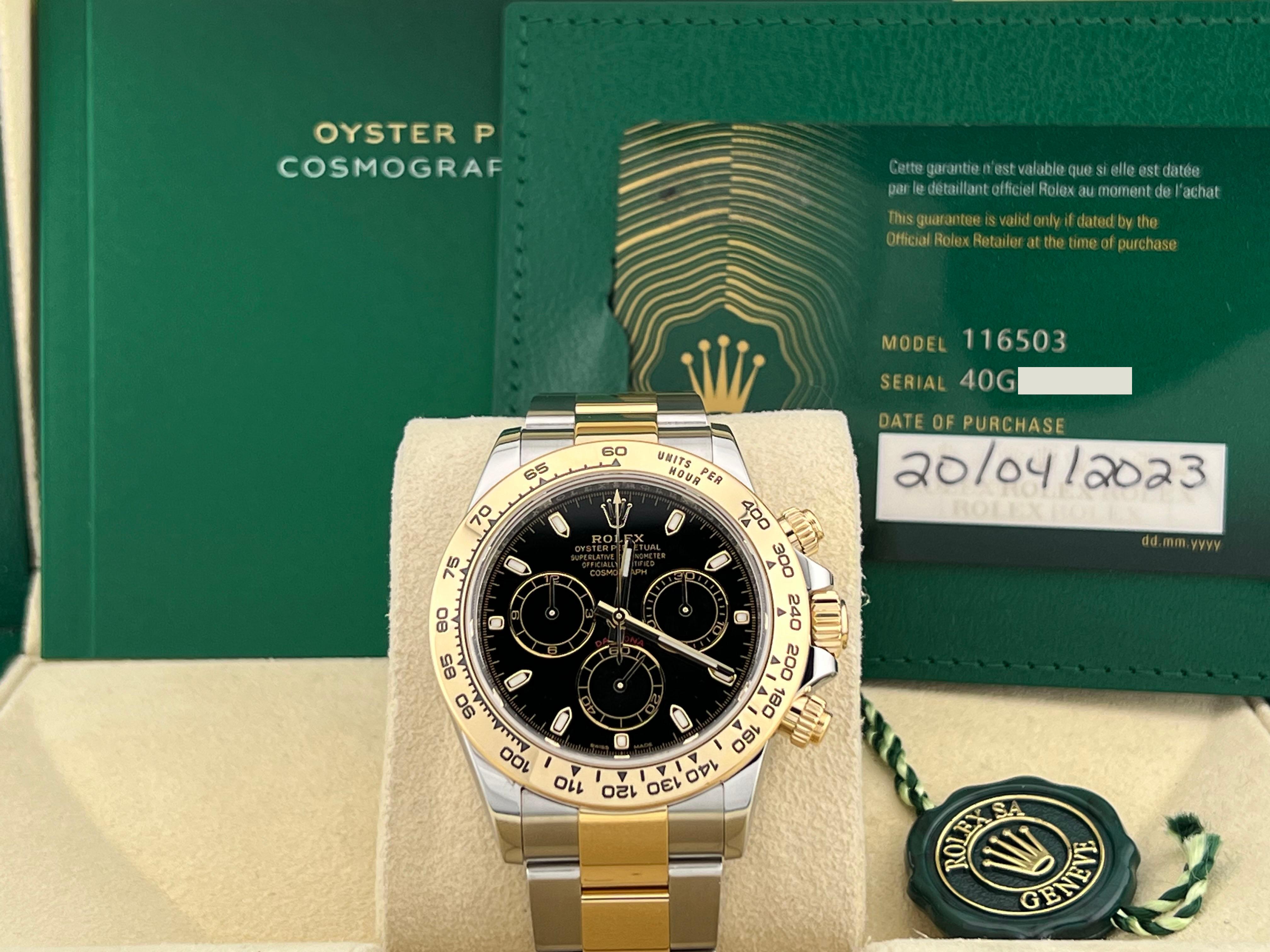 Style Number: 116503

Serial: 40G4C***

Year: 2023

Model: Rolex Daytona

Case Material: Stainless Steel

Band: 18K Yellow Gold & Stainless Steel 

Bezel: 18K Yellow Gold 

Dial: Black Dial 

Face: Sapphire Crystal 

Case Size: