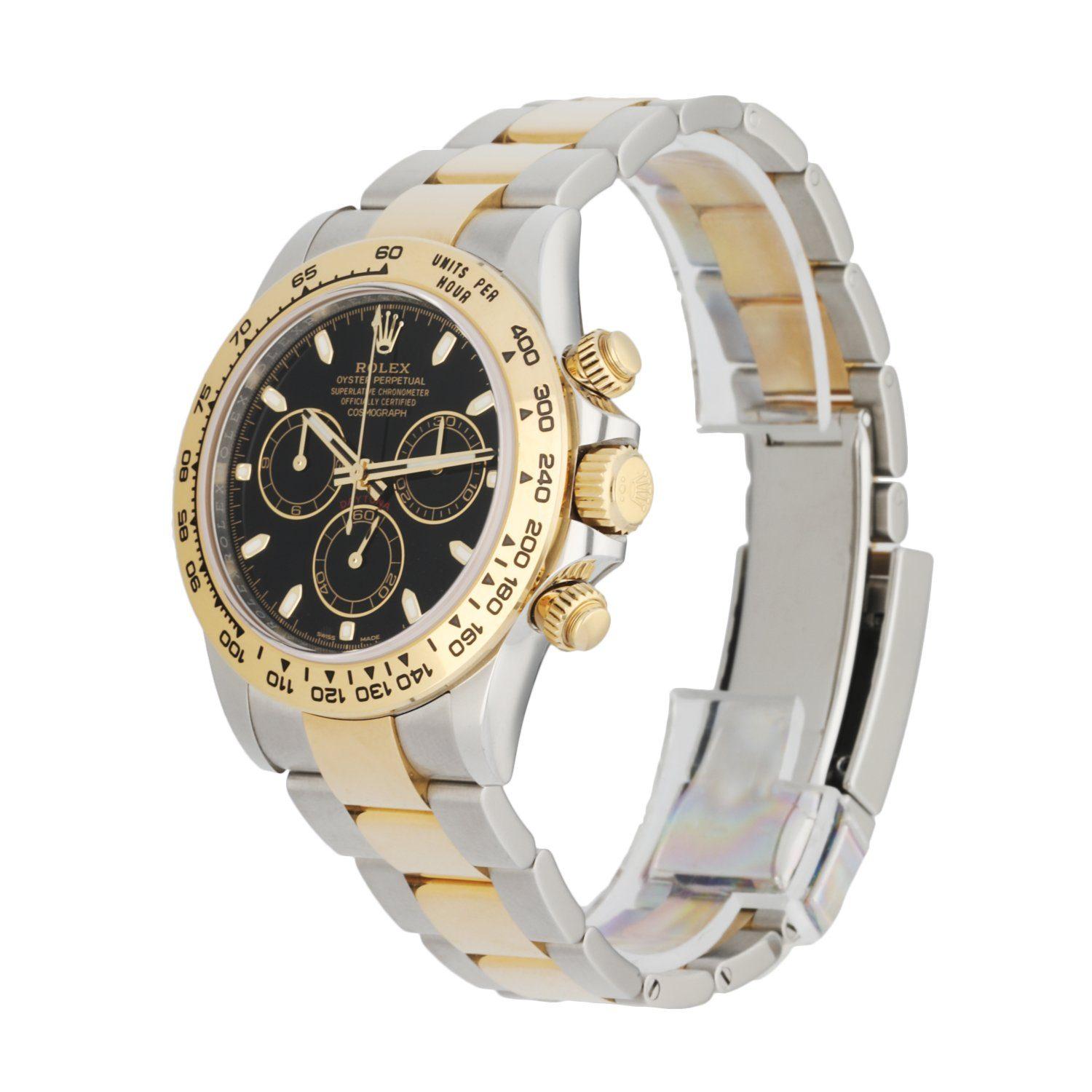 Rolex Daytona Cosmograph 116503 men's watch.Â 40mm stainless steel case with 18k yellow gold bezel with black bezel insert.Â Black racing dial with luminous gold hands andÂ luminous index hour marker. Three sub-dials displaying 30-minute, 12-hours,