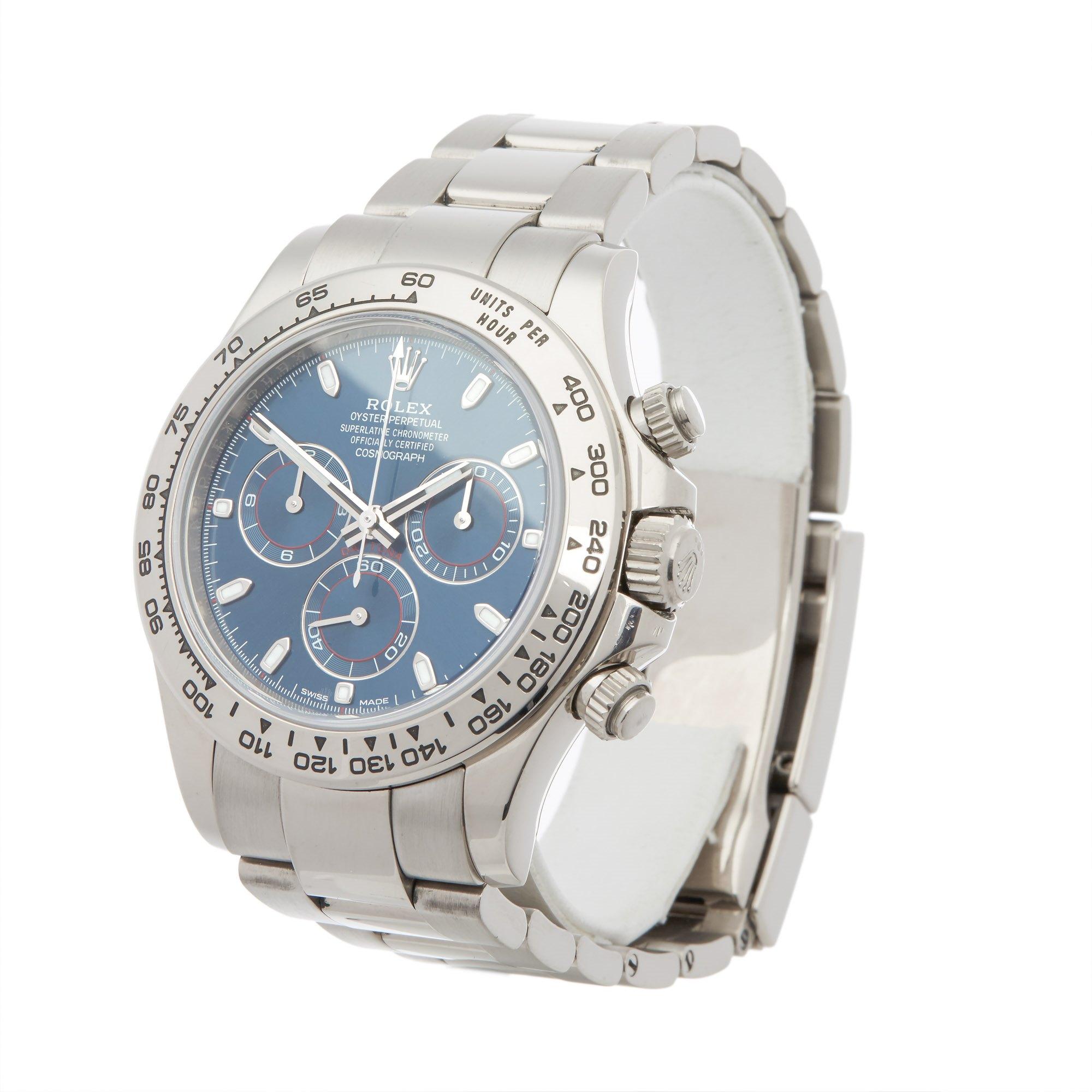 Xupes Reference: W007328
Manufacturer: Rolex
Model: Daytona
Model Variant: 
Model Number: 116509
Age: 17-06-2016
Gender: Men
Complete With: Rolex Box, Manuals, Swing Tags & Guarantee
Dial: Blue Baton
Glass: Sapphire Crystal
Case Size: 40mm
Case