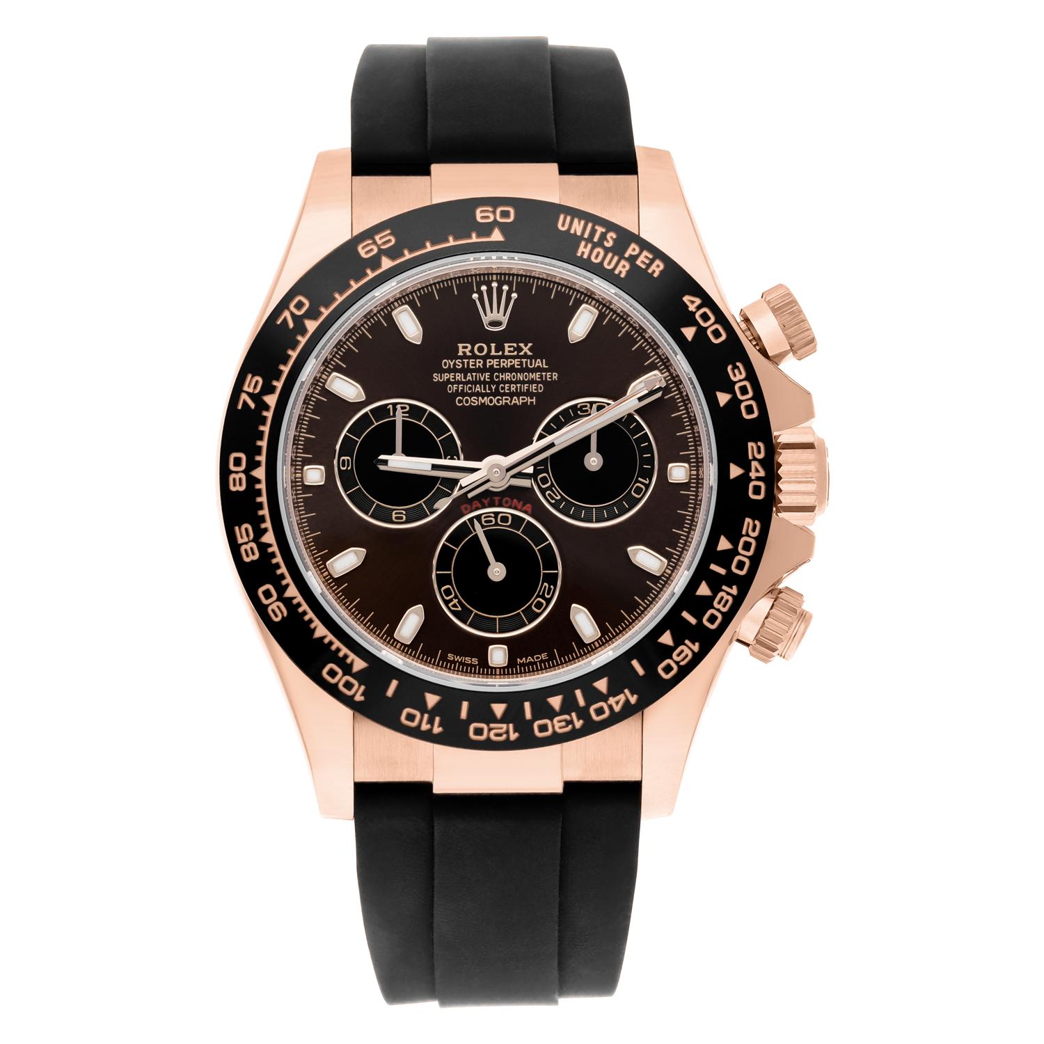 The waterproof Oysterflex bracelet really is a game changer for the Daytona, and looks especially good on this Everose gold example with discontinued sunburst chocolate dial. This watch is under Rolex International Warranty to April 2028. Sale comes