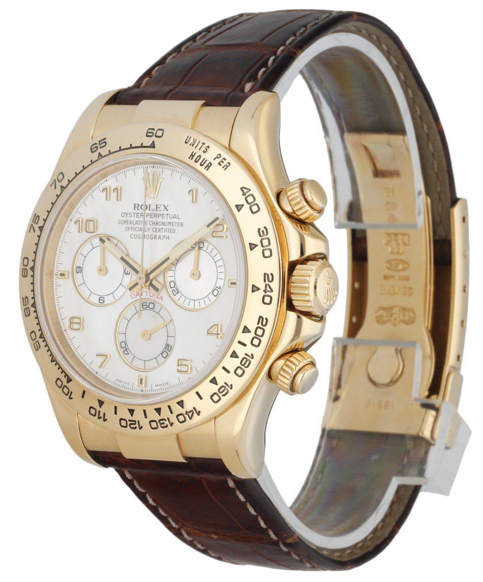 Rolex Daytona 116518 Men's Watch. 40mm 18k Yellow Gold case. 18K Yellow Gold Tachymeter bezel. Mother Of Pearl dial with Luminous gold hands and Arabic numeral hour markers. Minute markers on the outer dial. Brown leather Strap with 18K yellow gold