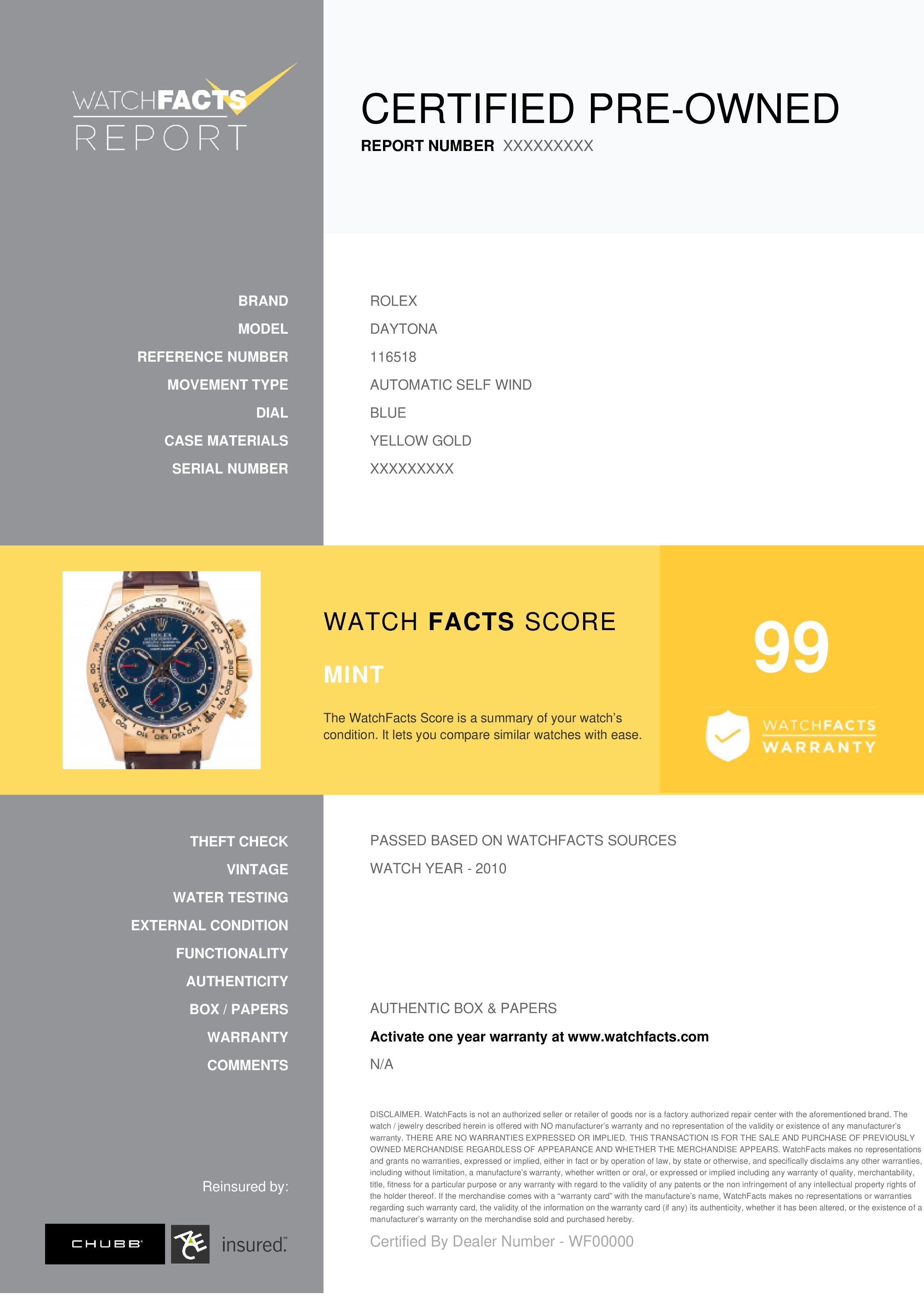 Rolex Daytona Reference #: 116518. Mens Automatic Self Wind Watch Yellow Gold Blue 40 MM. Verified and Certified by WatchFacts. 1 year warranty offered by WatchFacts.
