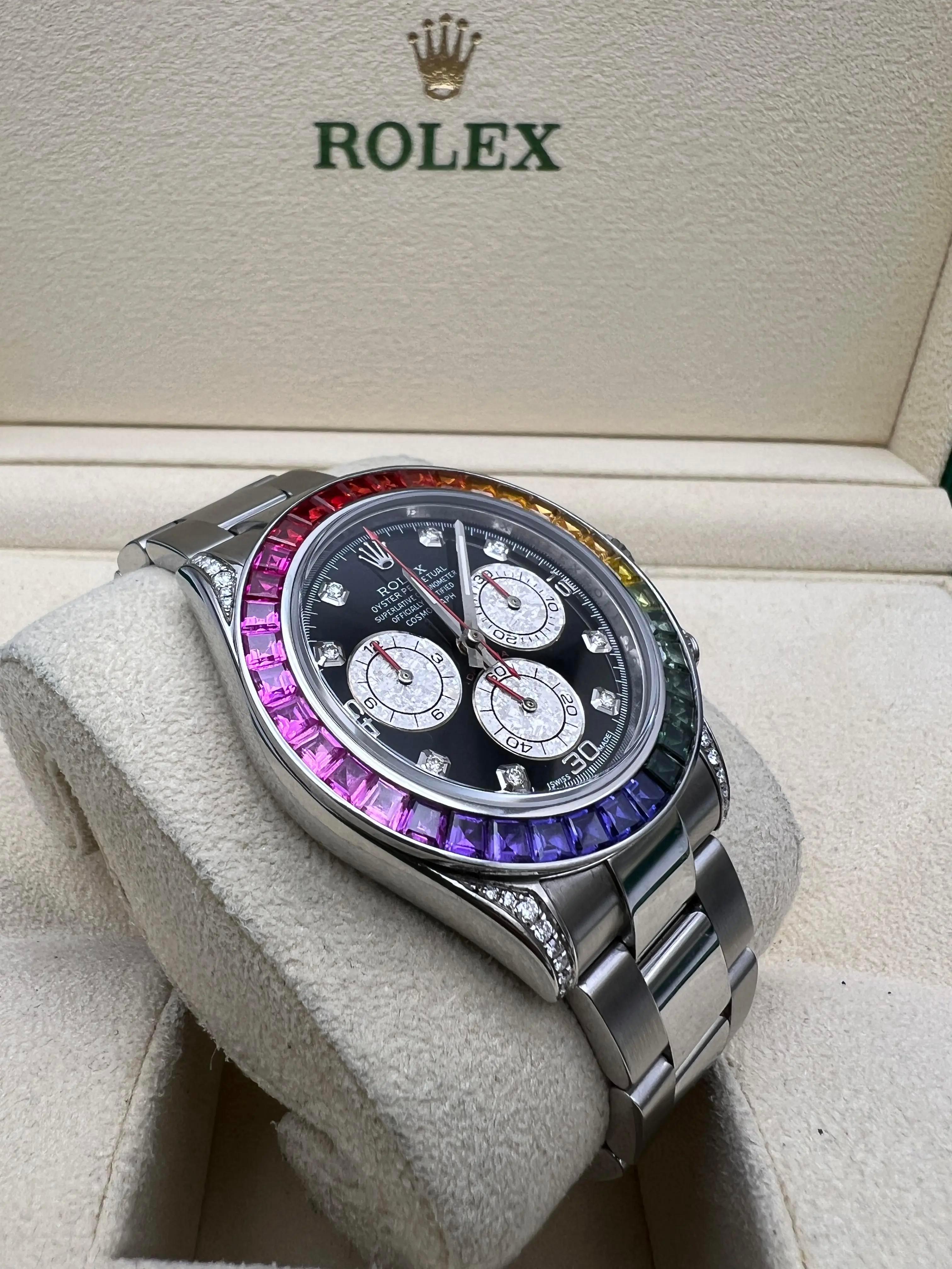 Rolex Daytona 116520 40mm benutzerdefinierte Regenbogen Saphir Lünette Diamond Lugs Box Set für Damen oder Herren im Angebot