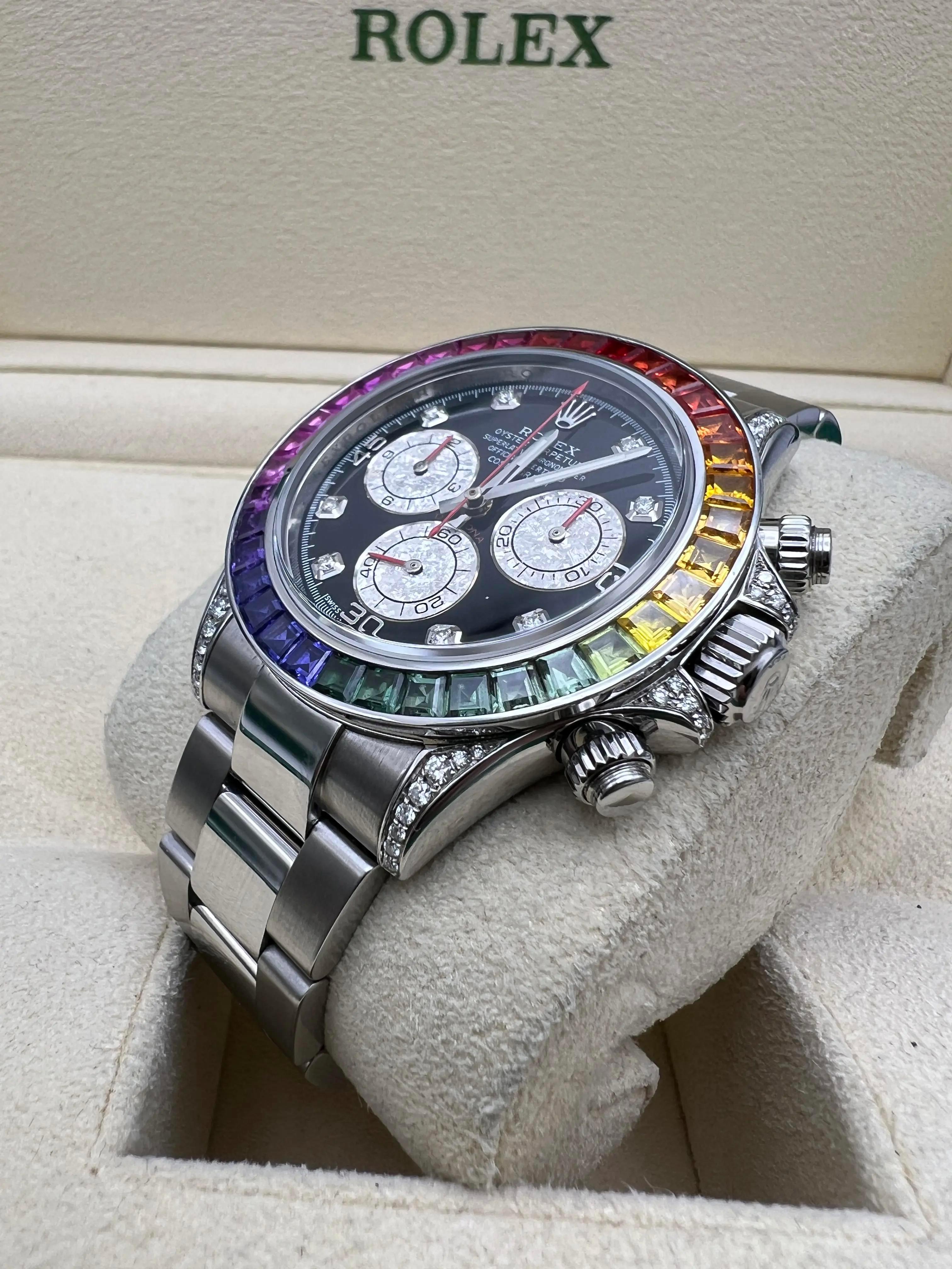 Rolex Daytona 116520 40mm benutzerdefinierte Regenbogen Saphir Lünette Diamond Lugs Box Set im Angebot 1