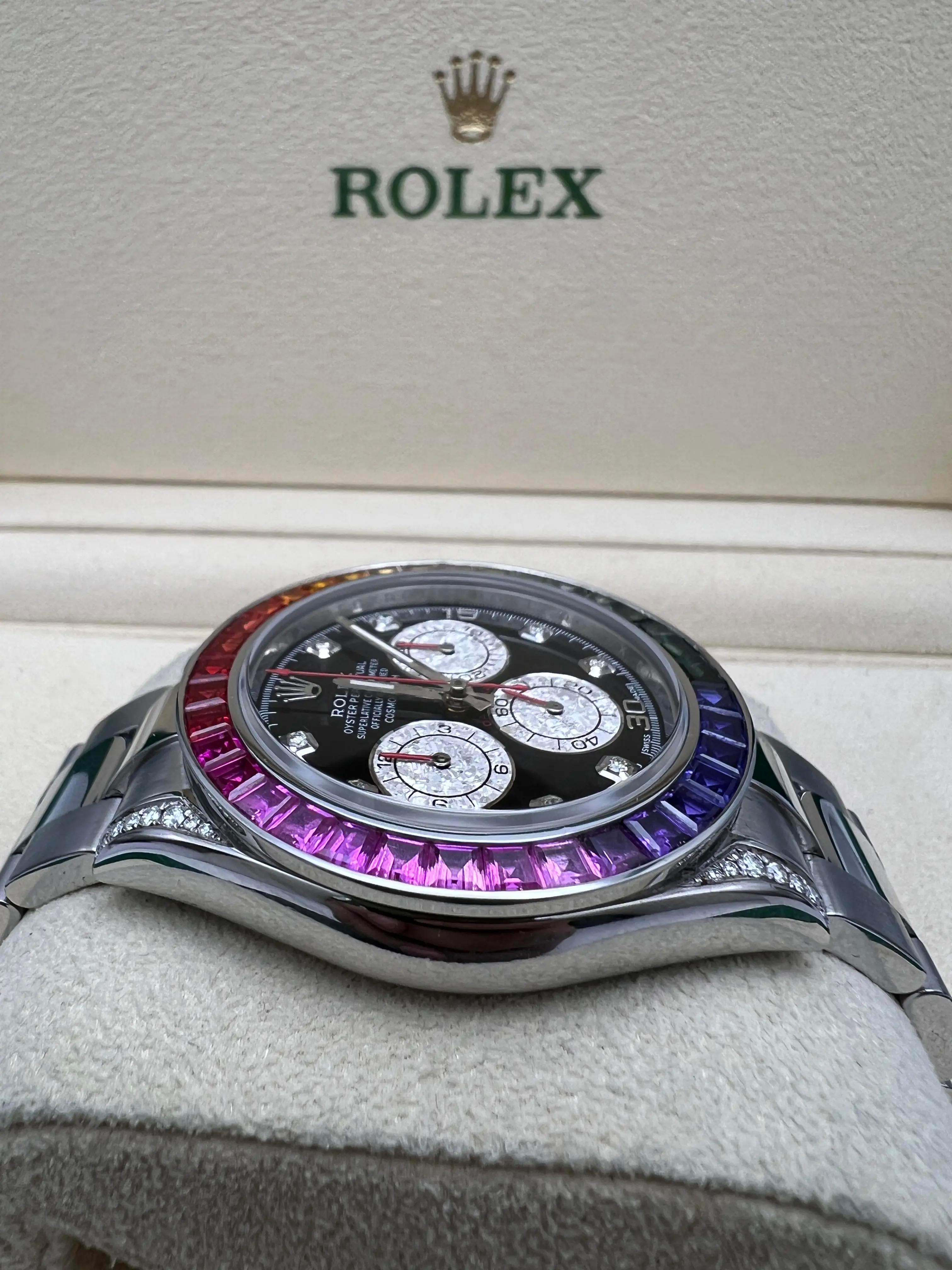 Rolex Daytona 116520 40mm benutzerdefinierte Regenbogen Saphir Lünette Diamond Lugs Box Set im Angebot 2
