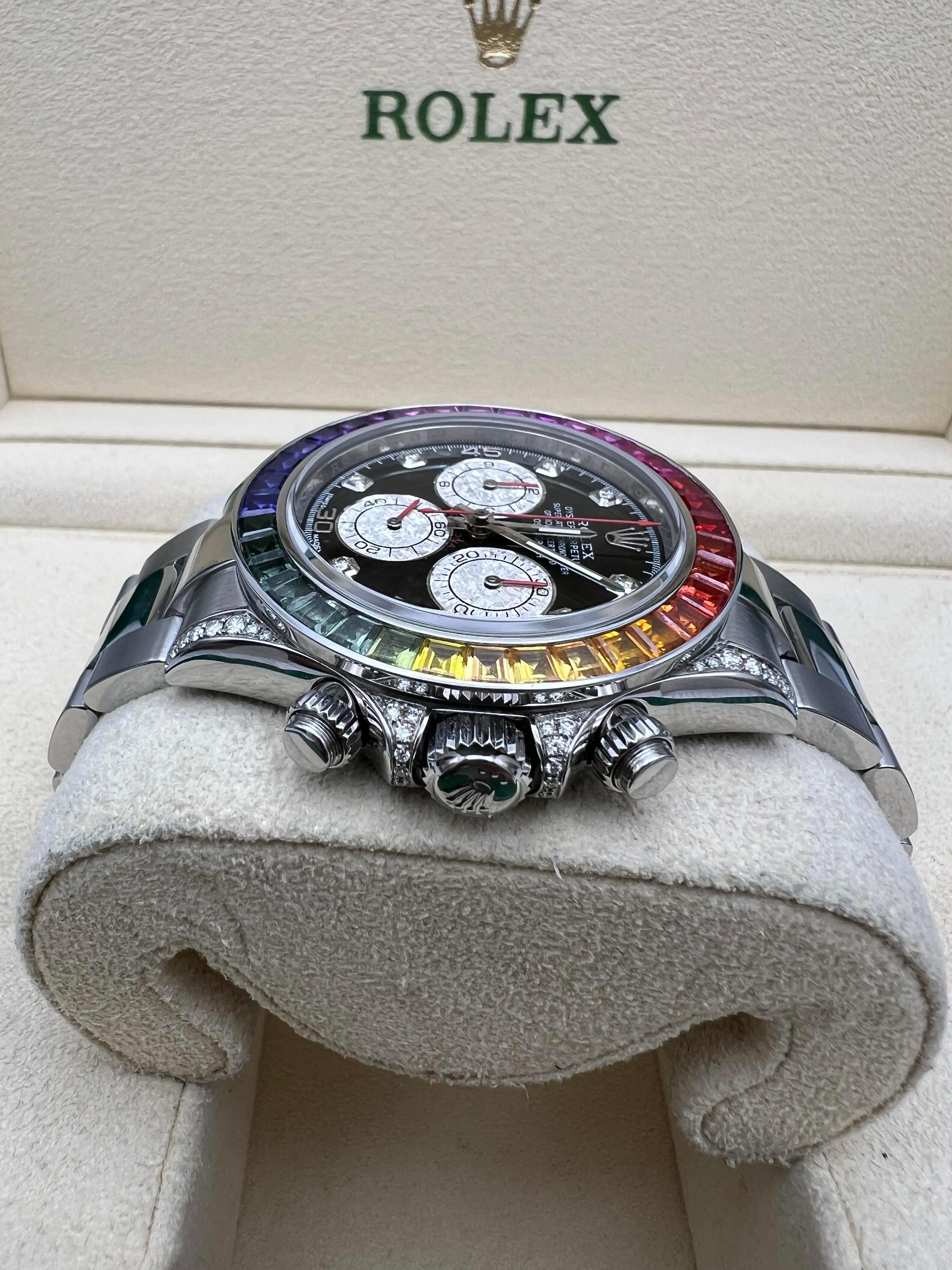 Rolex Daytona 116520 40mm benutzerdefinierte Regenbogen Saphir Lünette Diamond Lugs Box Set im Angebot 3