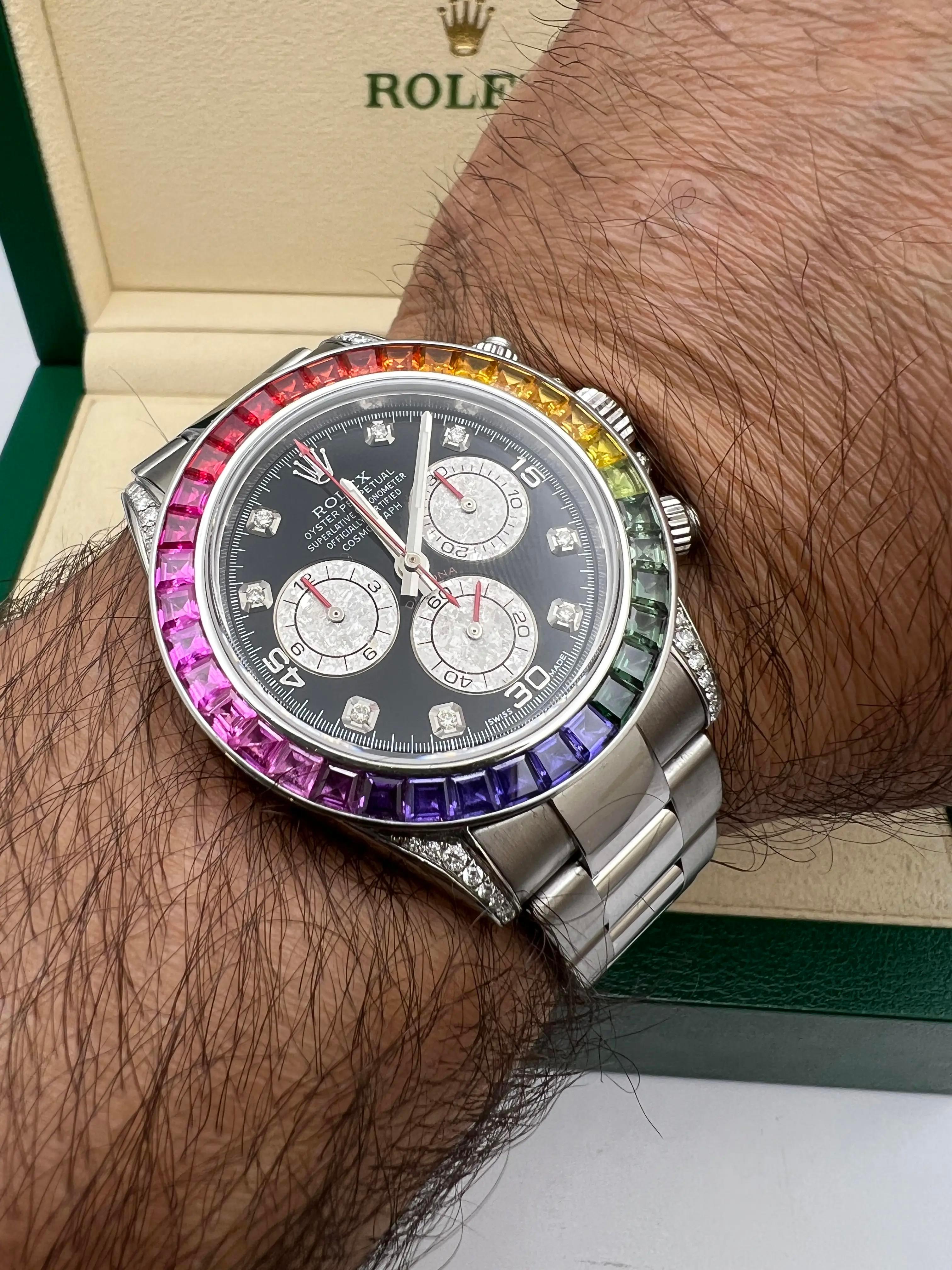 Rolex Daytona 116520 40mm benutzerdefinierte Regenbogen Saphir Lünette Diamond Lugs Box Set im Angebot 4