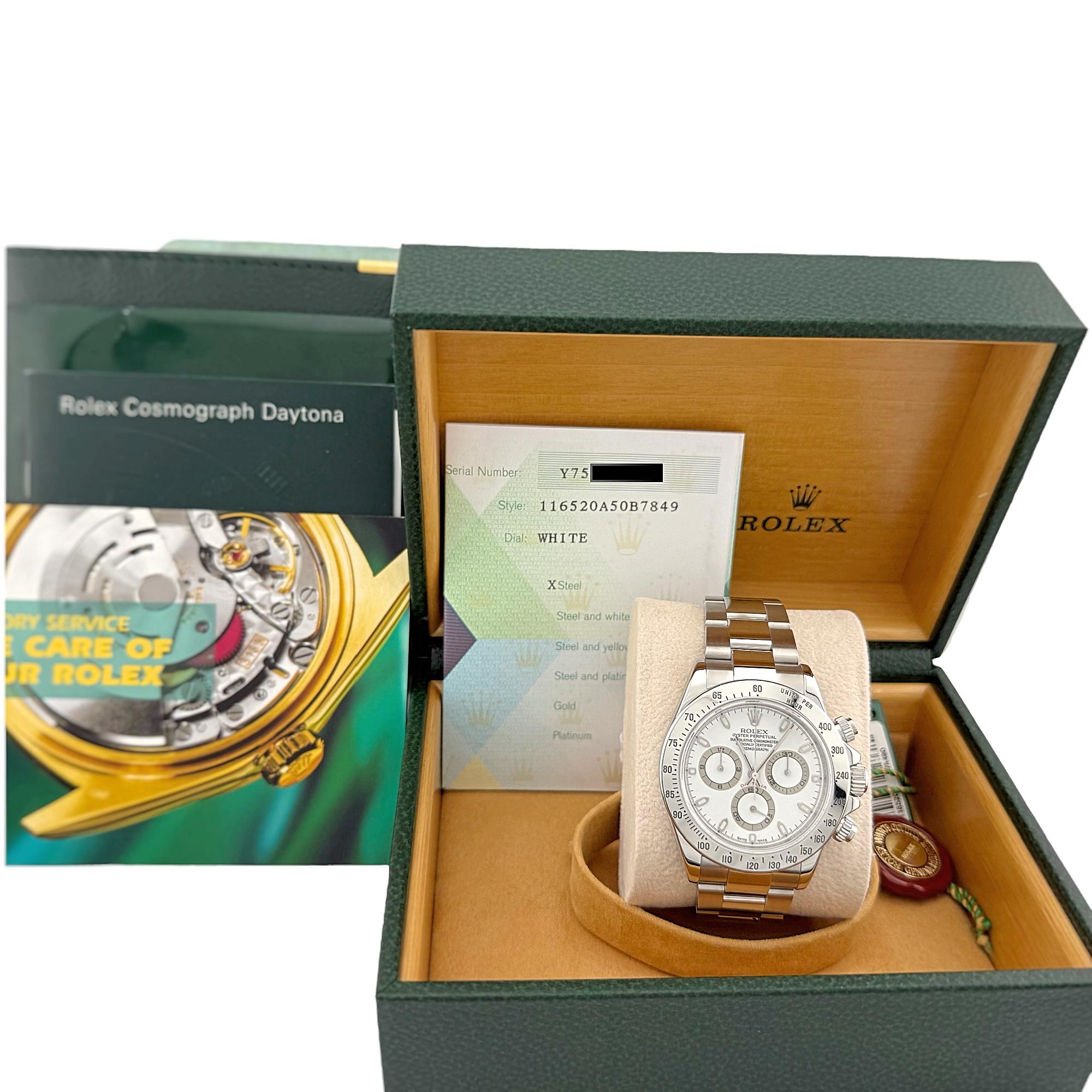 Numero di stile: 116520

Seriale: Y75****

Anno: 2003

Model: Rolex Daytona 

Materiale della cassa: Acciaio inossidabile

Fascia: Acciaio inossidabile

Lunetta: Acciaio inossidabile 

Quadrante: Quadrante bianco

Cristallo: cristallo di zaffiro