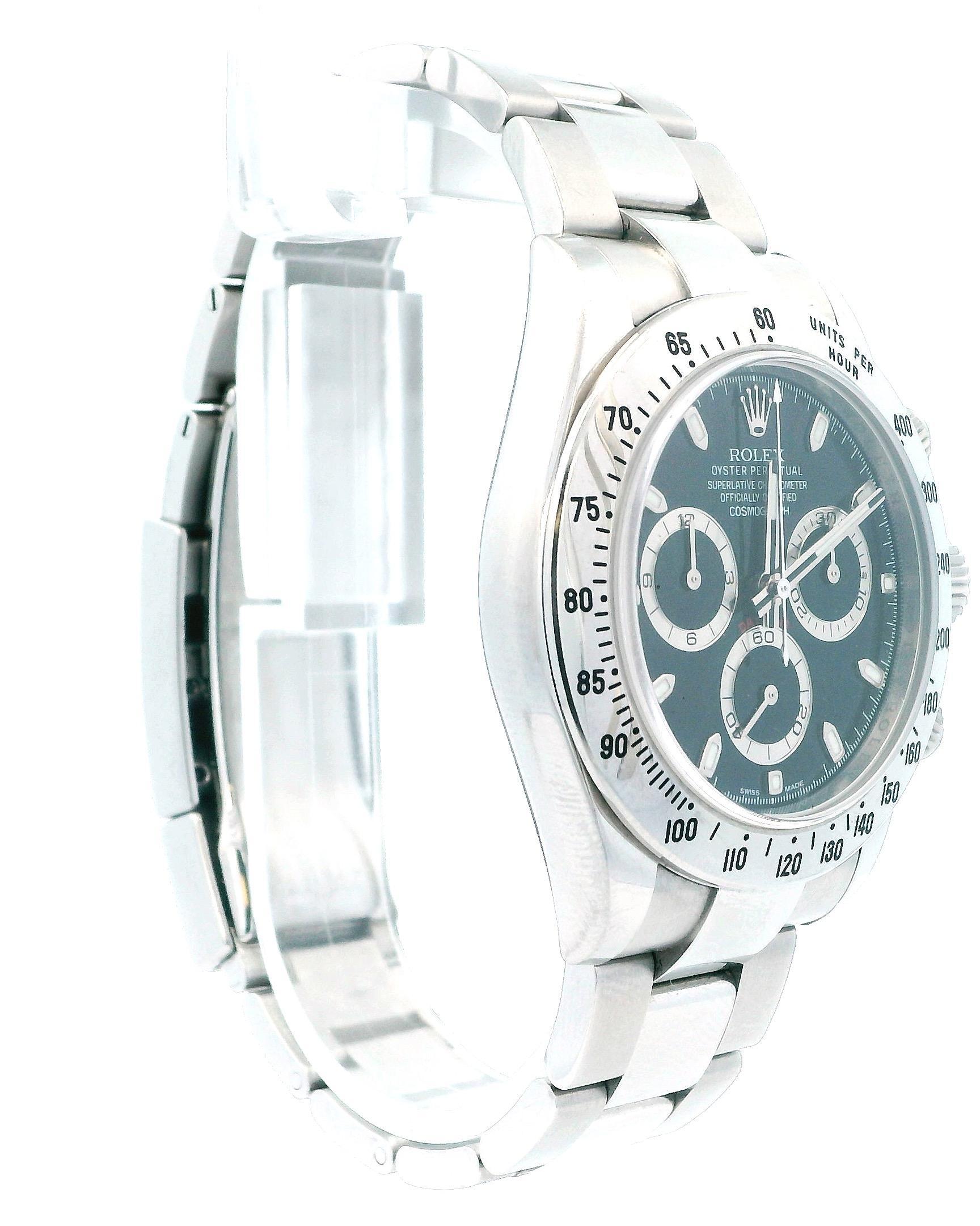 Rolex Oyster Perpetual Daytona 116520 Mens Watch. 40mm stainless steel case with stainless steel tachymeter bezel. Black dial with luminous sliver hands and index hour marker. Three sub-dials. Small seconds hand at 6 o'clock. 30-minute counter at 3