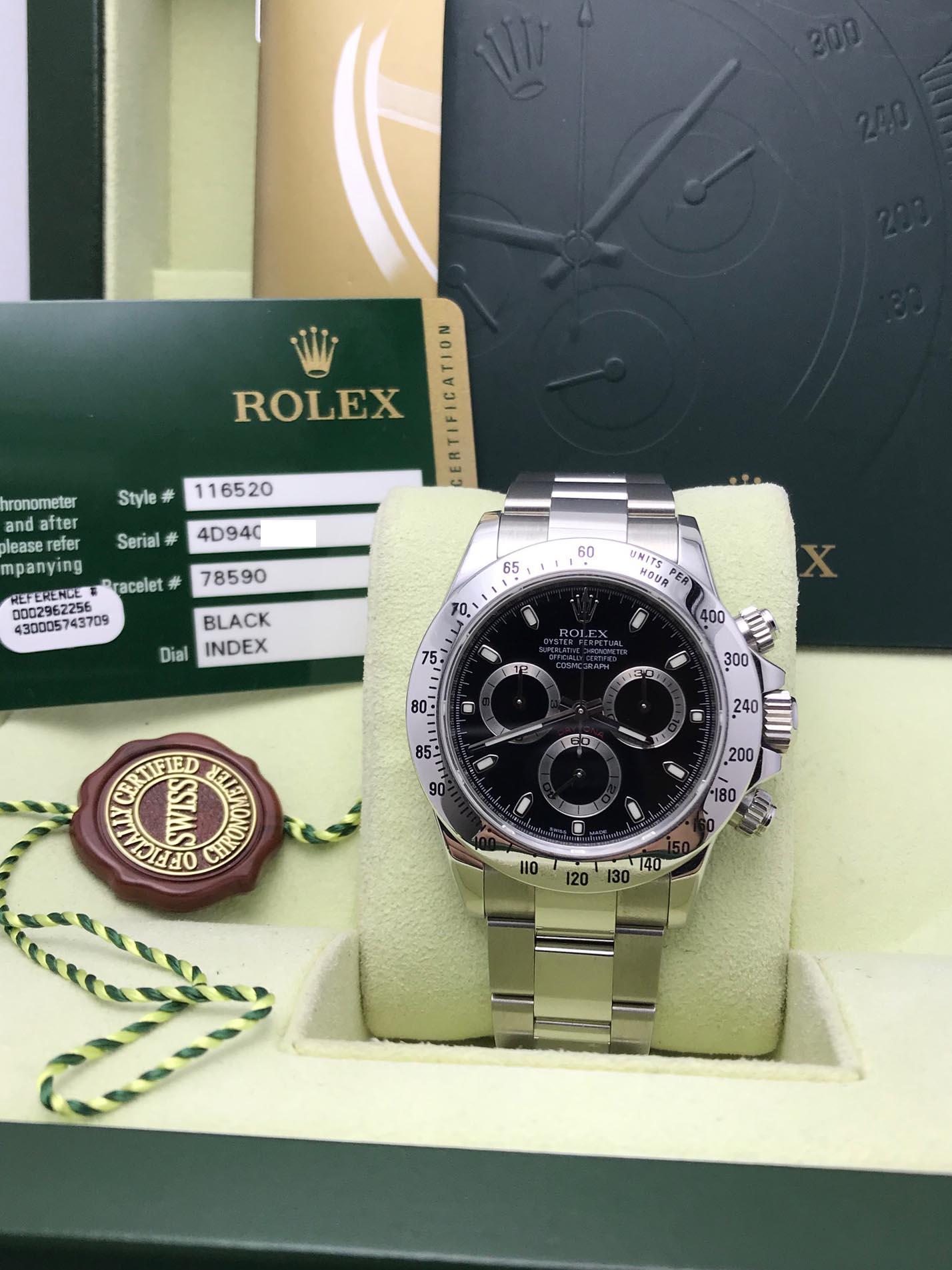 Style Number: 116520
 
Serial: 4D940***

Year: 2010
 
Model: Daytona
 
Case Material: Stainless Steel
 
Band: Stainless Steel
 
Bezel:  Stainless Steel
 
Dial: Black
 
Face: Sapphire Crystal
 
Case Size: 40mm
 
Includes: 
-Rolex Box &