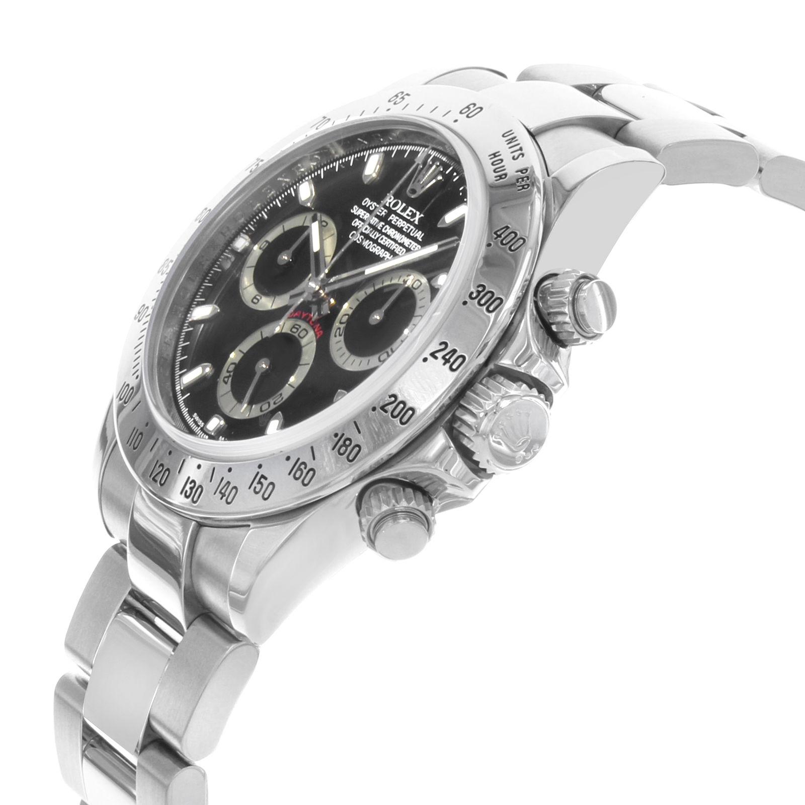 (20683)
This pre-owned Rolex Daytona 116520 is a beautiful men's timepiece that is powered by an automatic movement which is cased in a stainless steel case. It has a round shape face, chronograph, date, small seconds subdial dial and has hand