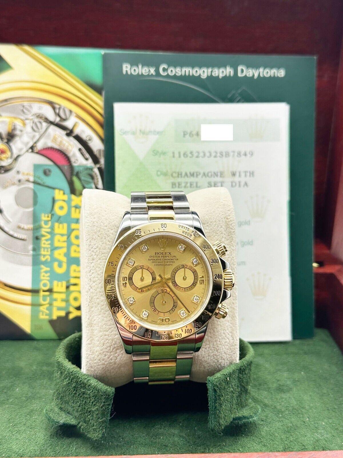 Style Number: 116523 

Serial: P643***

Year: 2003

Model: Daytona

Case Material: Stainless Steel 

Band: 18K Yellow Gold & Stainless Steel  

Bezel: 18K Yellow Gold 

Dial: Original Champagne Diamond Dial 

Face: Sapphire Crystal 

Case Size: 40mm