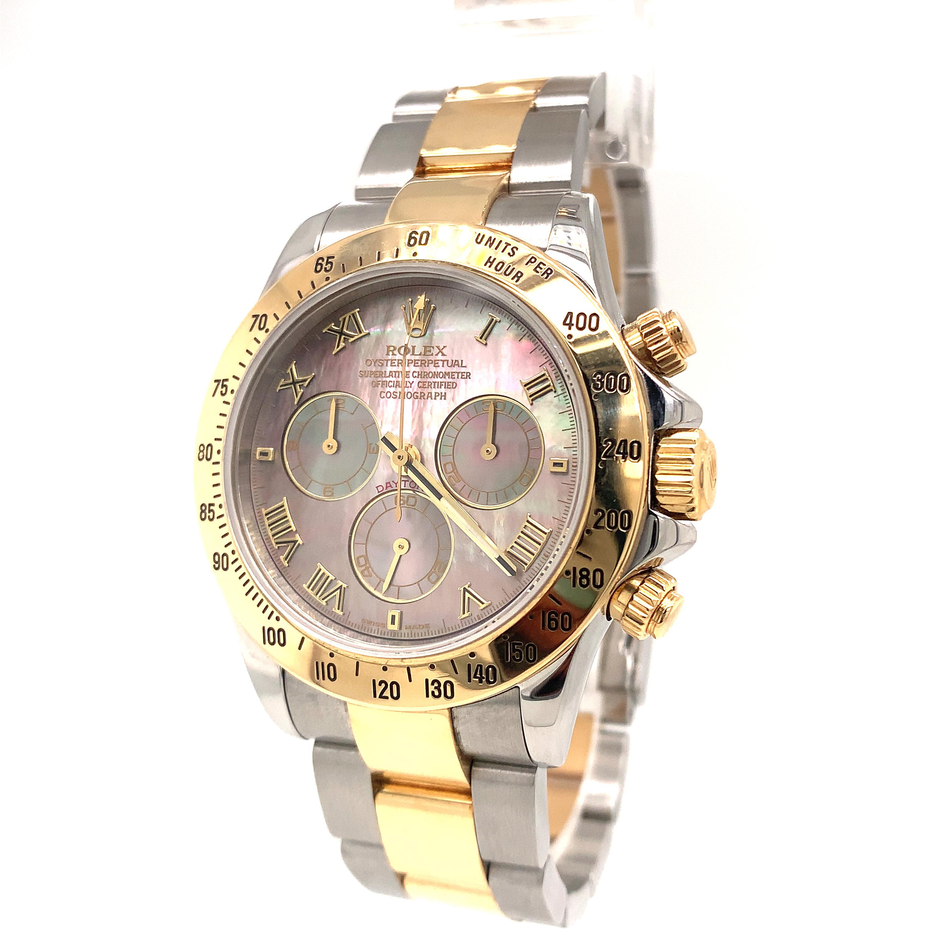 Rolex Daytona reference 116523 Stainless Steel & 18k Yellow Gold gents wristwatch. Black Mother of Pearl dial, 3 chronograph sub-dials, a Stainless Steel & 18k Yellow Gold 40mm case, Oyster bracelet, and concealed deployant clasp, an 18k Yellow Gold