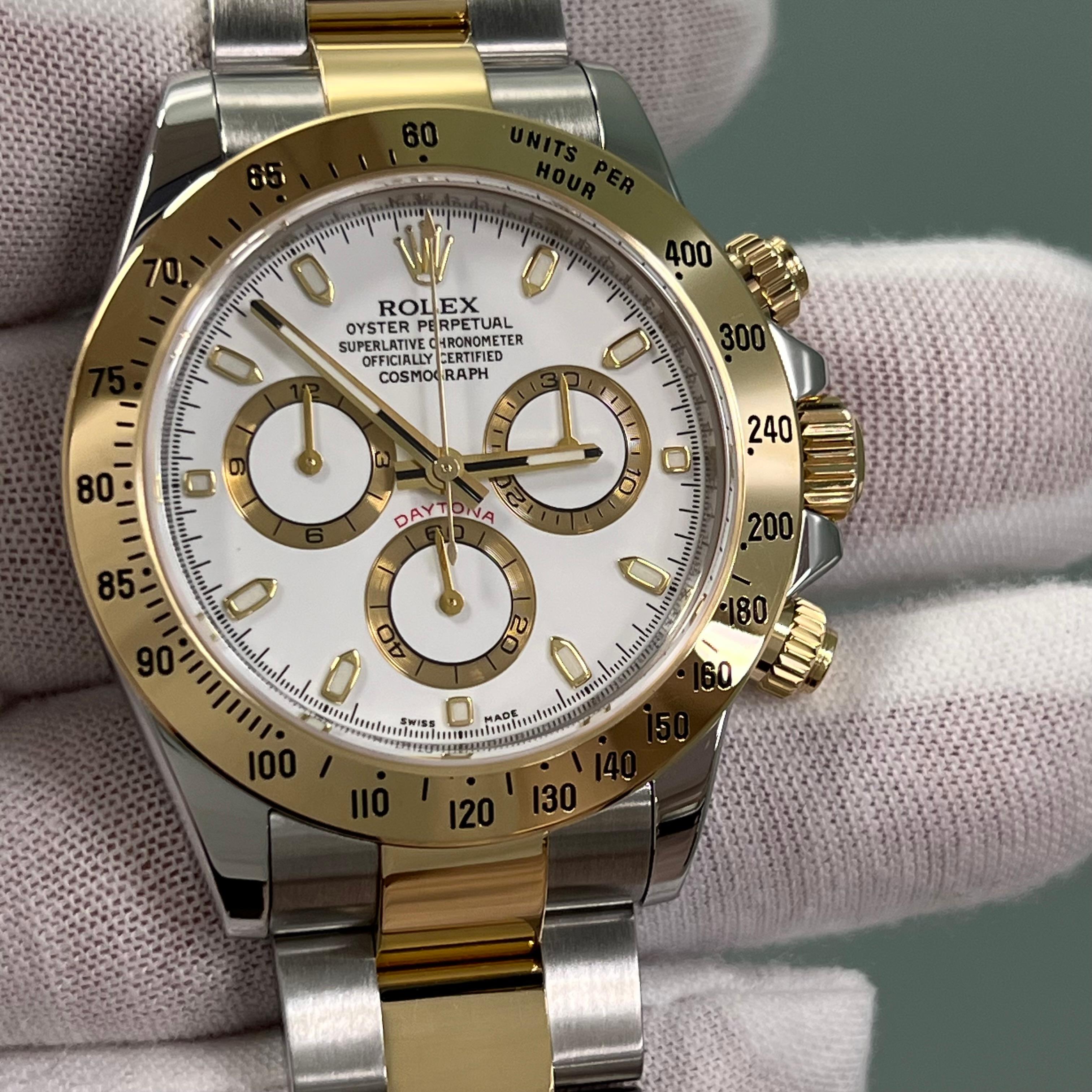 Rolex Daytona 116523 White Dial 18K Yellow Gold Stainless Steel Box Paper 40mm For Sale 9