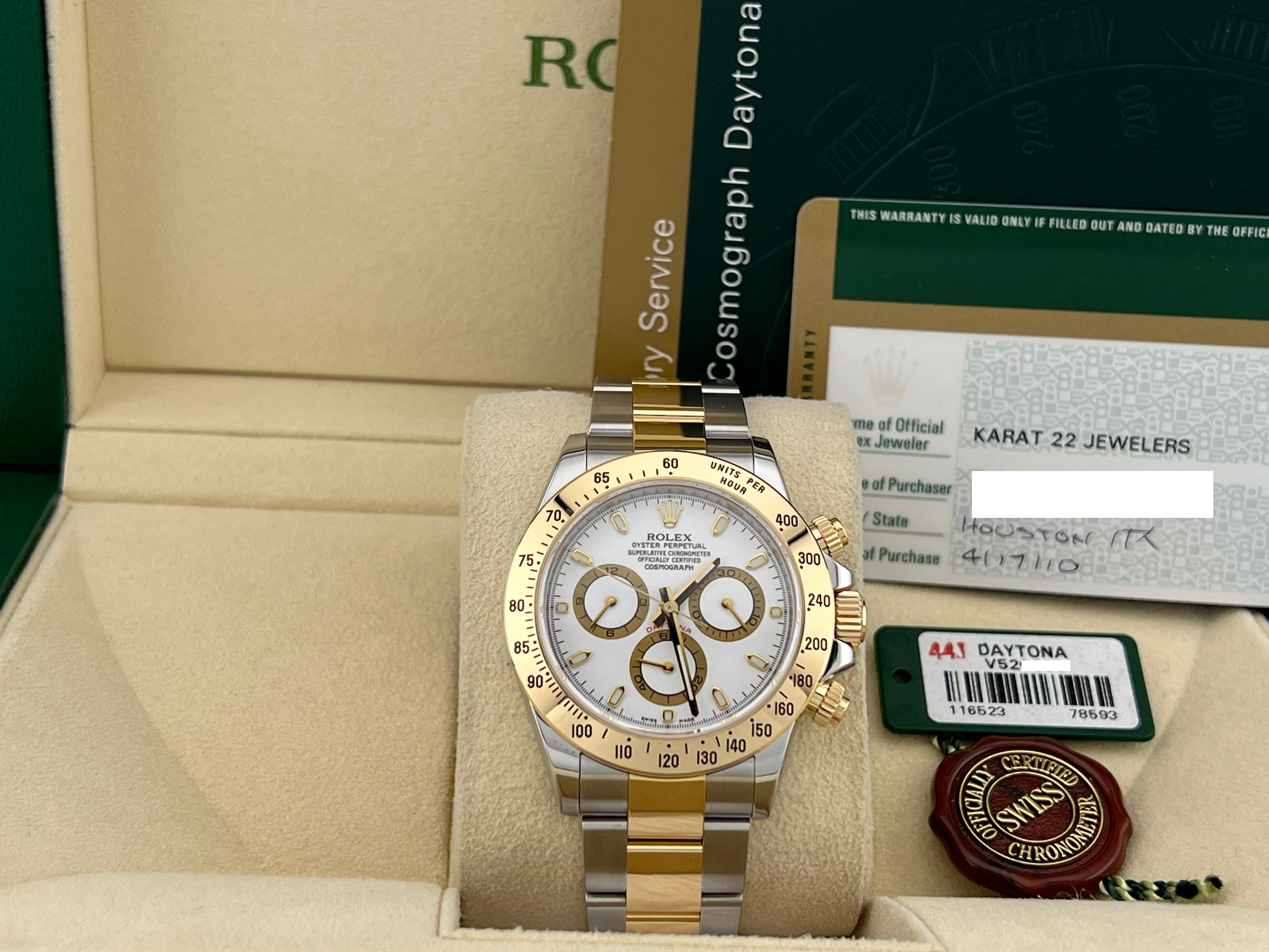 Rolex Daytona 116523 White Dial 18K Yellow Gold Stainless Steel Box Paper 40mm In Excellent Condition For Sale In San Diego, CA