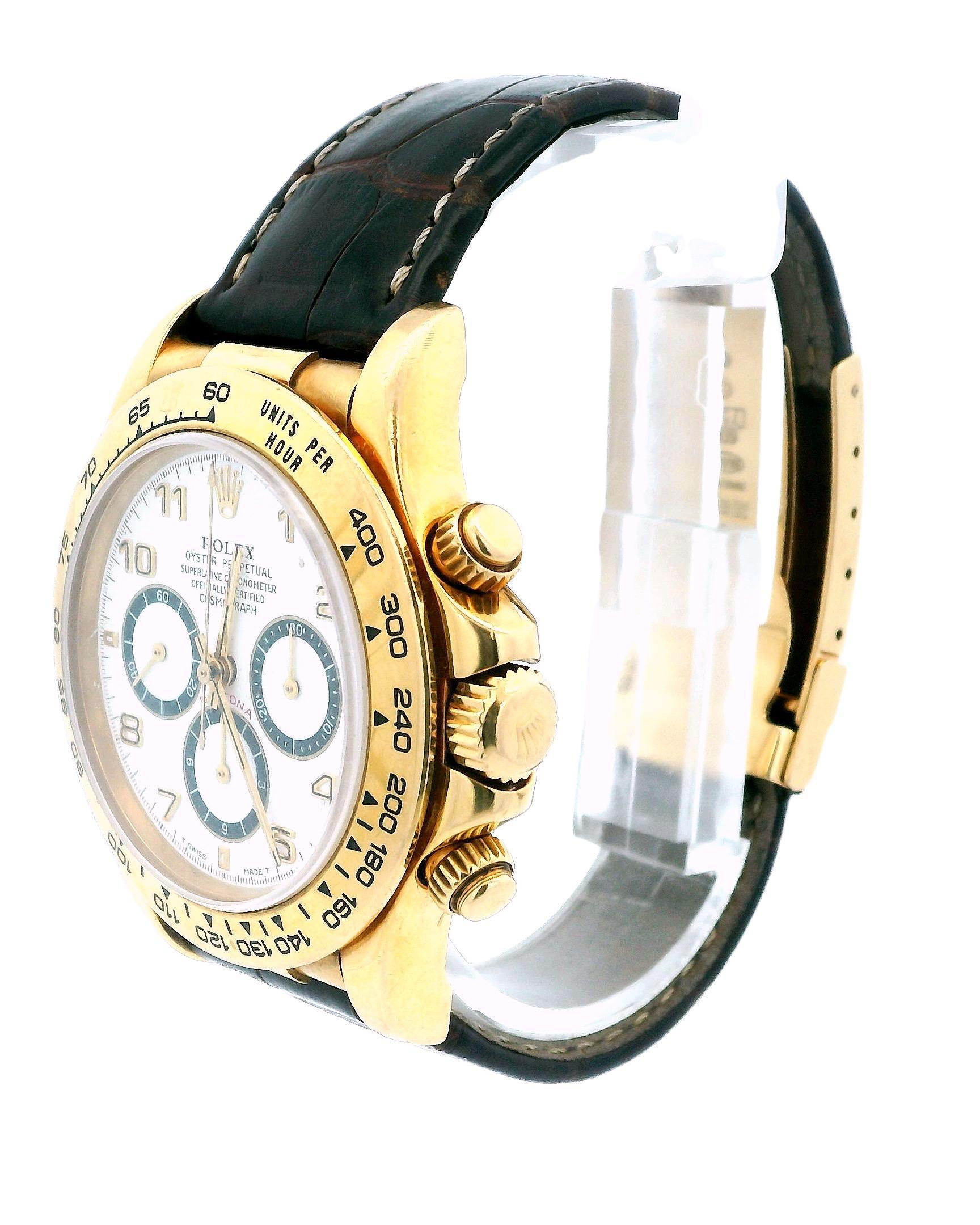 Rolex Daytona 16518 Men's Watch. This watch features a 40mm case made of 18K yellow gold, paired with an 18K yellow gold bezel. The white dial is equipped with luminous gold hands and incorporates Arabic numeral and index hour markers. It includes