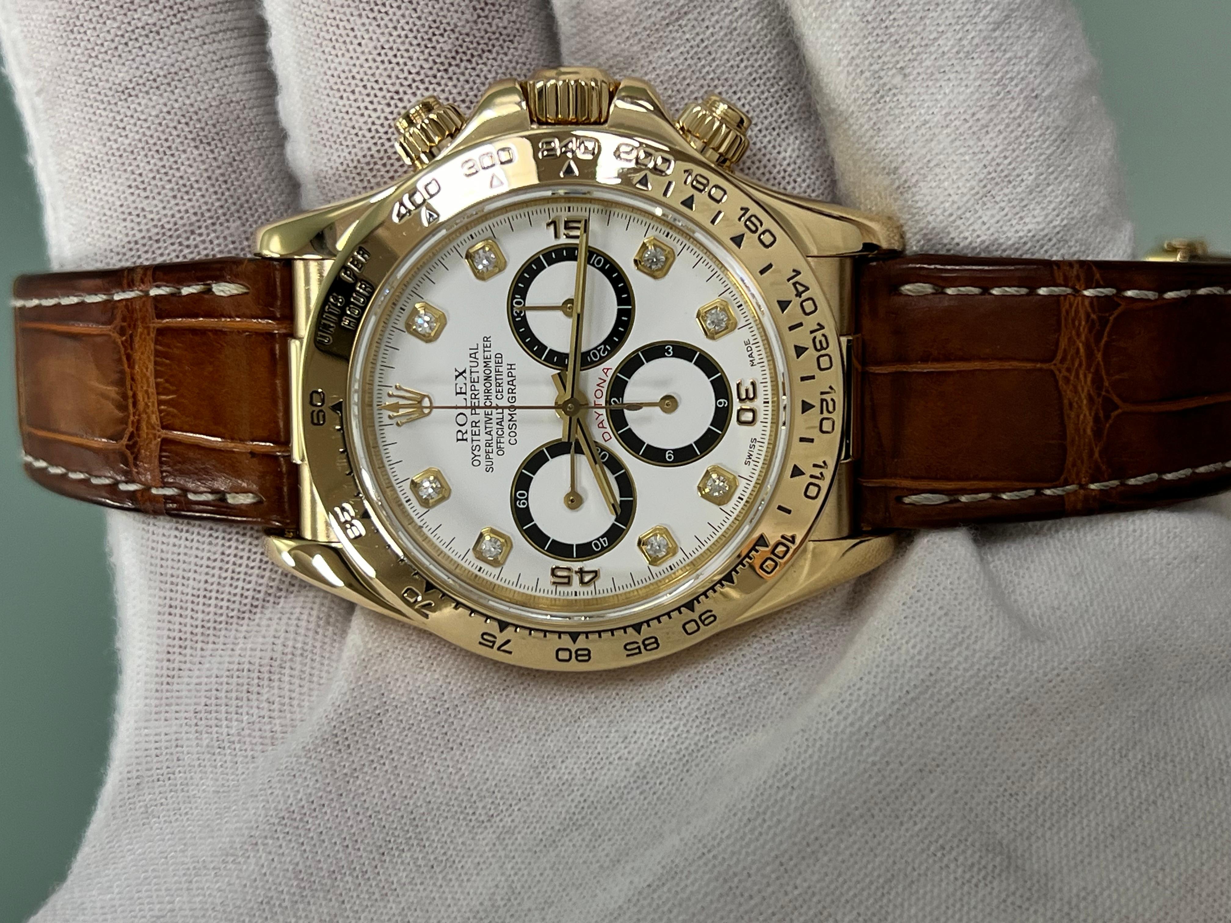 Rolex Daytona 16518 Esfera de diamantes blanca Invertida 6 Correa de piel de oro amarillo de 18 quilates en venta 6