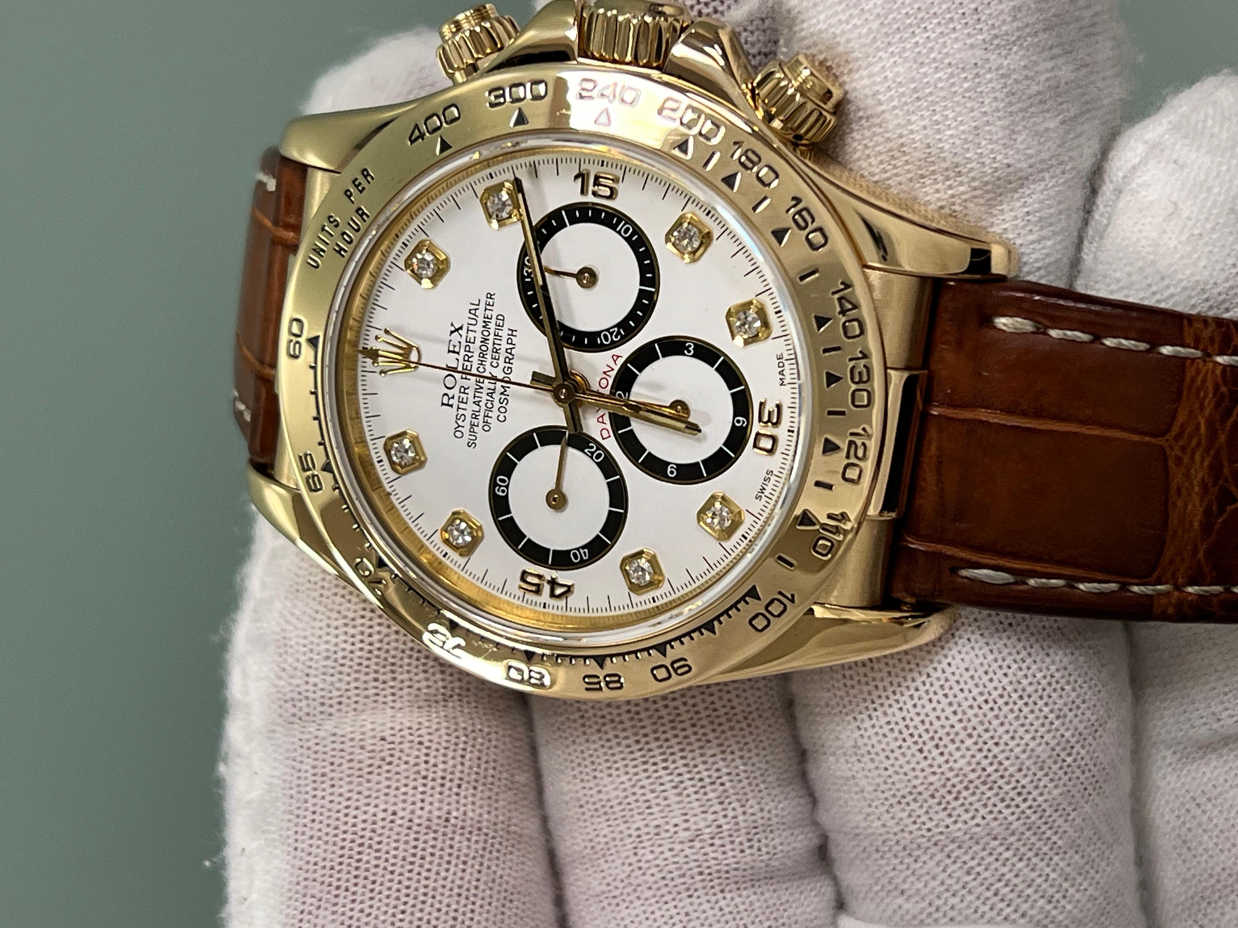 Rolex Daytona 16518 Esfera de diamantes blanca Invertida 6 Correa de piel de oro amarillo de 18 quilates en venta 3