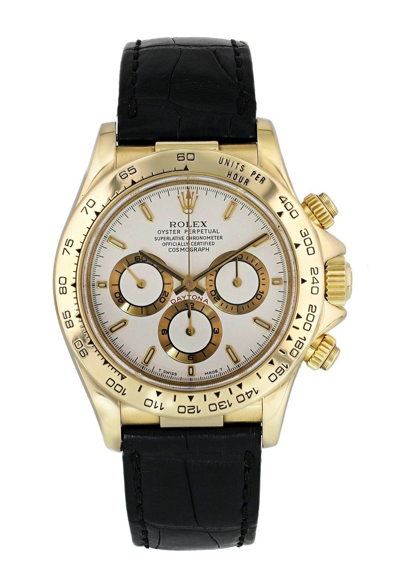 Rolex Daytona 16518 Zenith Men Watch. 
40mm 18k Yellow Gold case. 
Yellow Gold Stationary bezel. 
White dial with Luminous gold hands and index hour markers. 
Minute markers on the outer dial. 
Alligator leather strap with Fold Over Clasp. 
Will fit