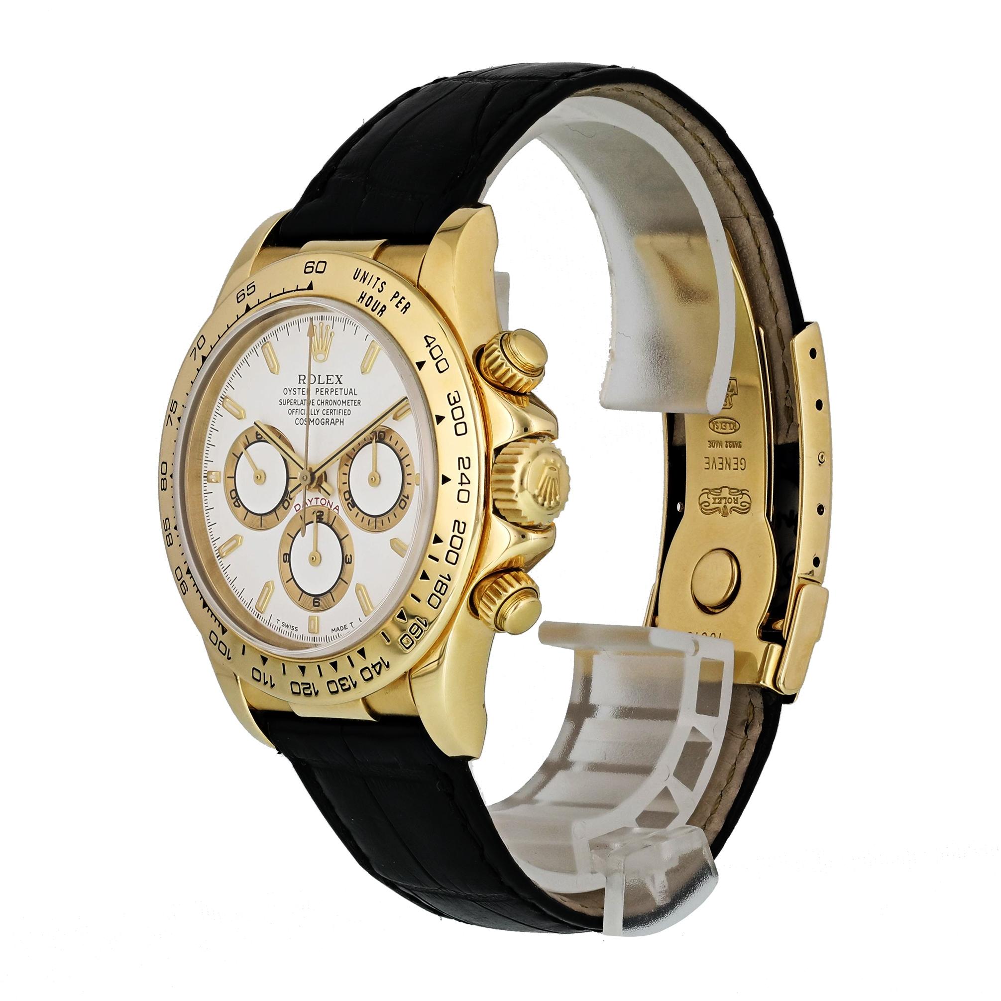 Rolex Daytona 16518 Zenith Men Watch. 
40mm 18k Yellow Gold case. 
Yellow Gold Stationary bezel. 
White dial with Luminous gold hands and index hour markers. 
Minute markers on the outer dial. 
Alligator leather strap with Fold Over Clasp. 
Will fit