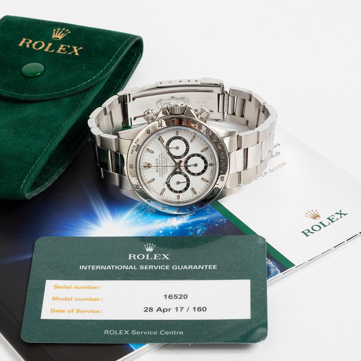 Our Rolex Daytona with stainless steel case and bracelet , reference 16520 ,with zenith movement features the rarer inverted six white dial and is presented in excellent and original condition. Serviced at Rolex UK in 2017, this Daytona has been