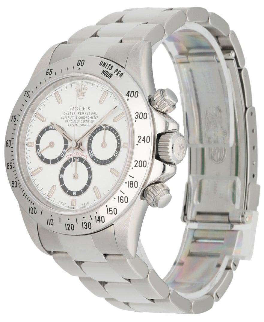 Rolex Oyster Perpetual Daytona Cosmograph 16520 men's watch. Stainless Steel 40mm case. Stainless Steel tachymeter bezel. Triple register White dial with steel luminous hands and luminous index hour marker.Sapphire crystal and stainless steel case