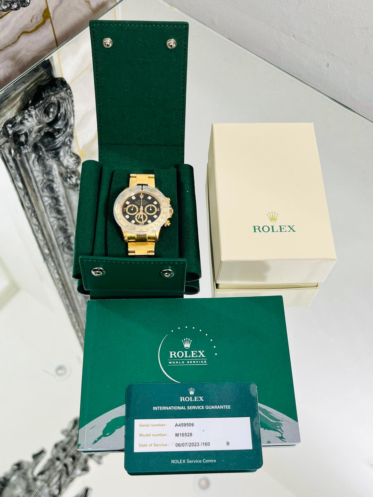 Rolex Daytona 18k Gold Diamond Dot Dial

1999 Model - Solid 18k Yellow gold Dayotna watch with chronograph black face and diamond dot dial. Solid gold bracelet with folding clasp closure Sapphire crystal face and automatic movement.

This watch has