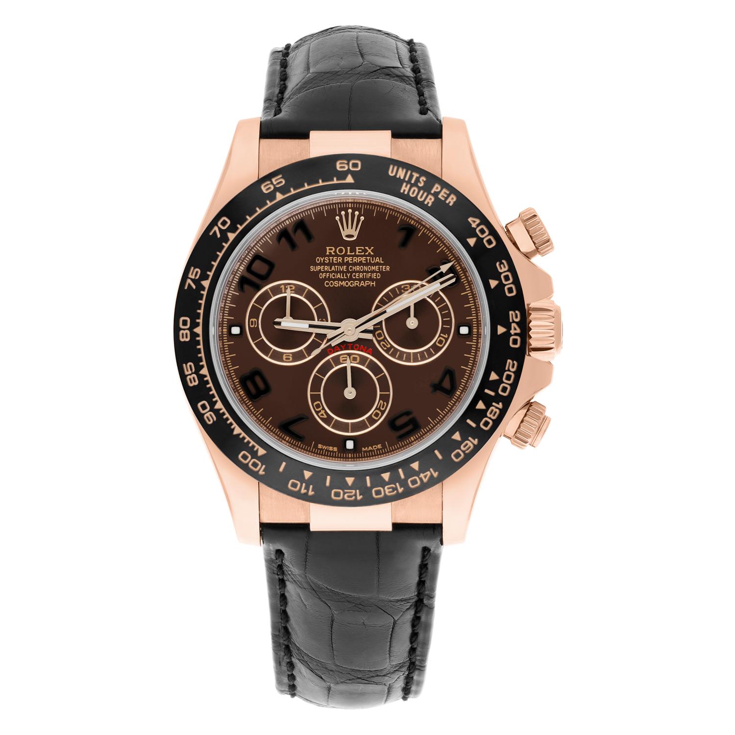 In superb condition, this 18ct Everose gold 116515LN Daytona comes complete with its original box and papers. With its chocolate brown dial and scratch-resistant black Cerachrom bezel this current model Cosmograph is waterproof to 100m and comes