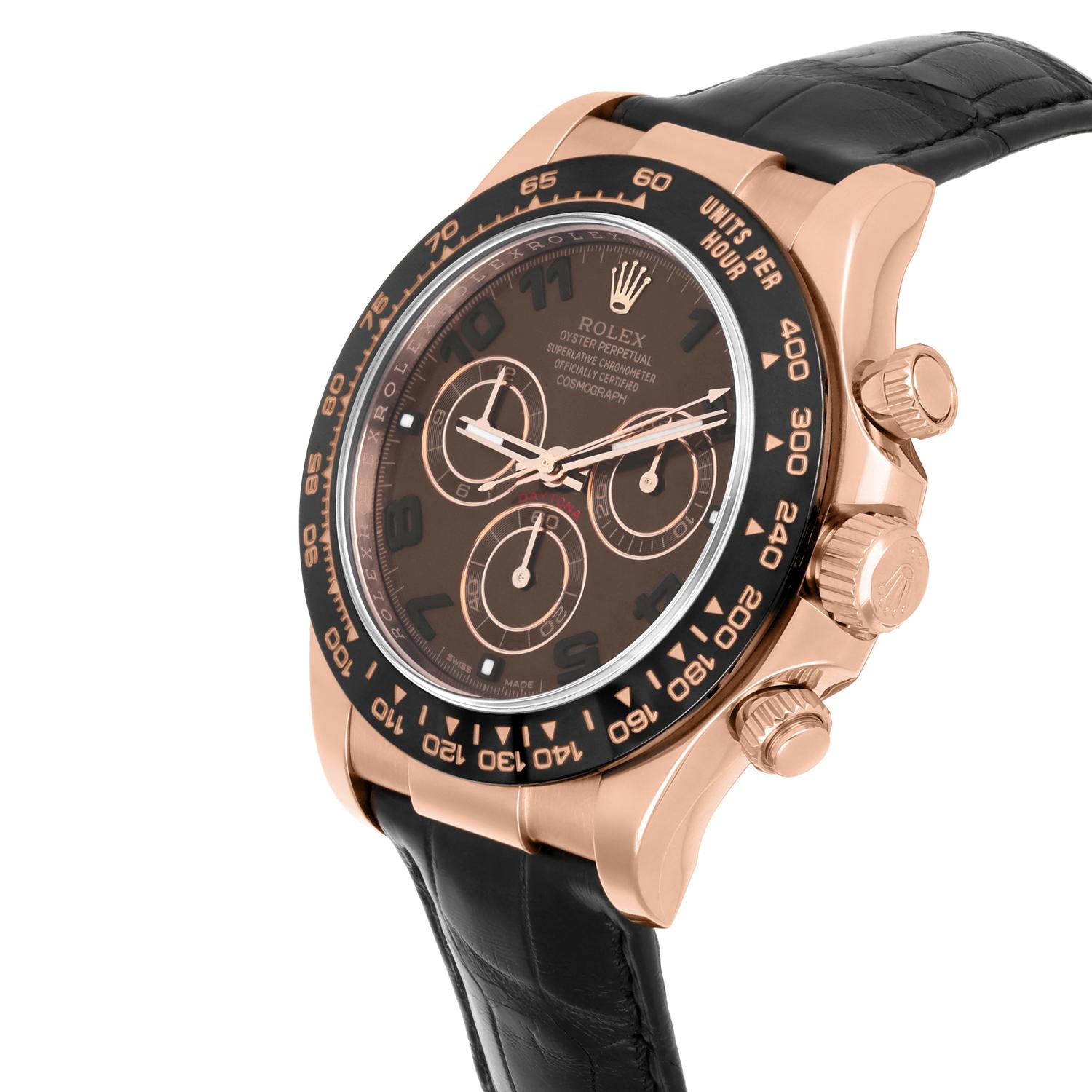 Moderne Rolex Daytona, montre 40 mm en or rose 18 carats avec cadran arabe chocolat et bracelet en cuir 116515 en vente