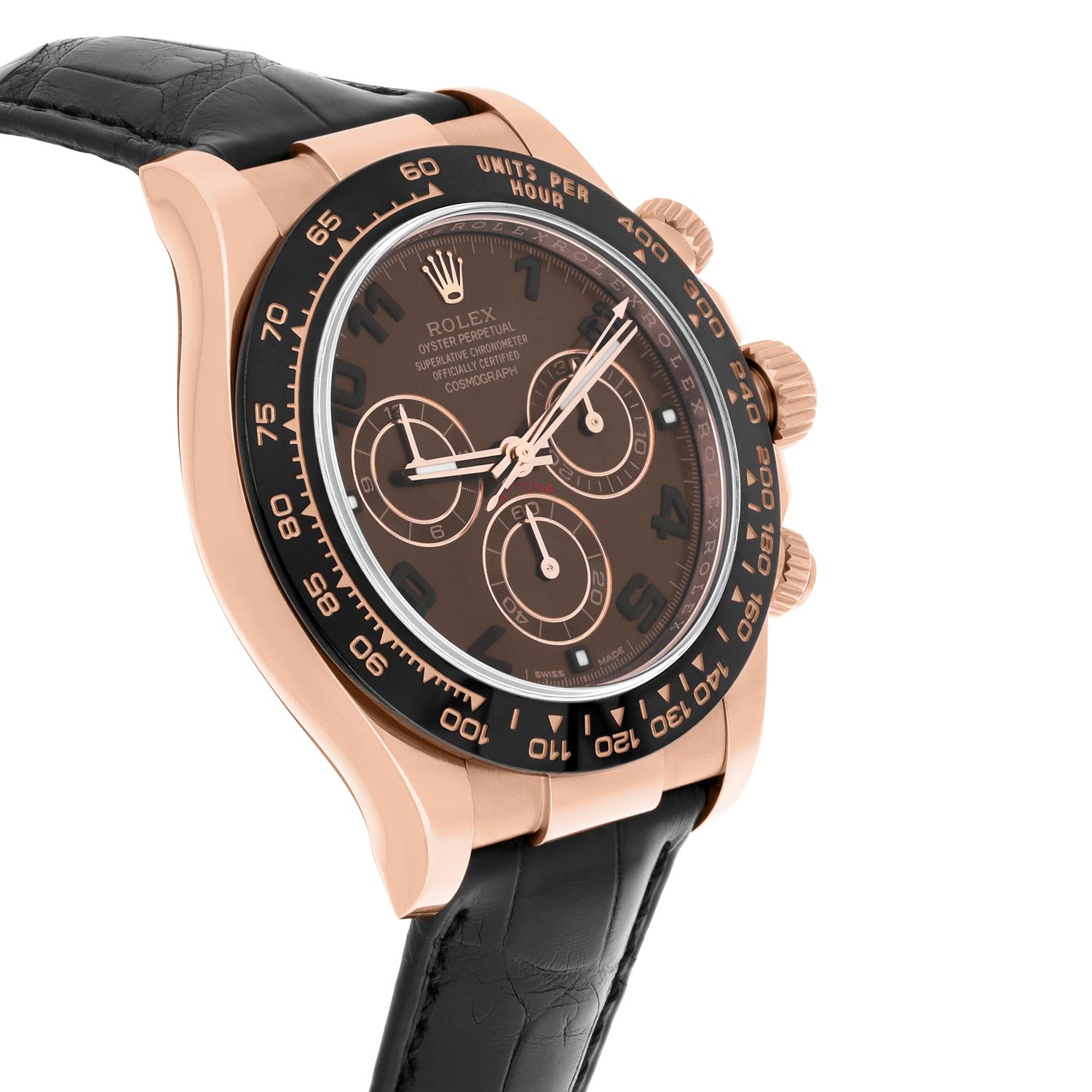 Rolex Daytona, montre 40 mm en or rose 18 carats avec cadran arabe chocolat et bracelet en cuir 116515 Pour hommes en vente