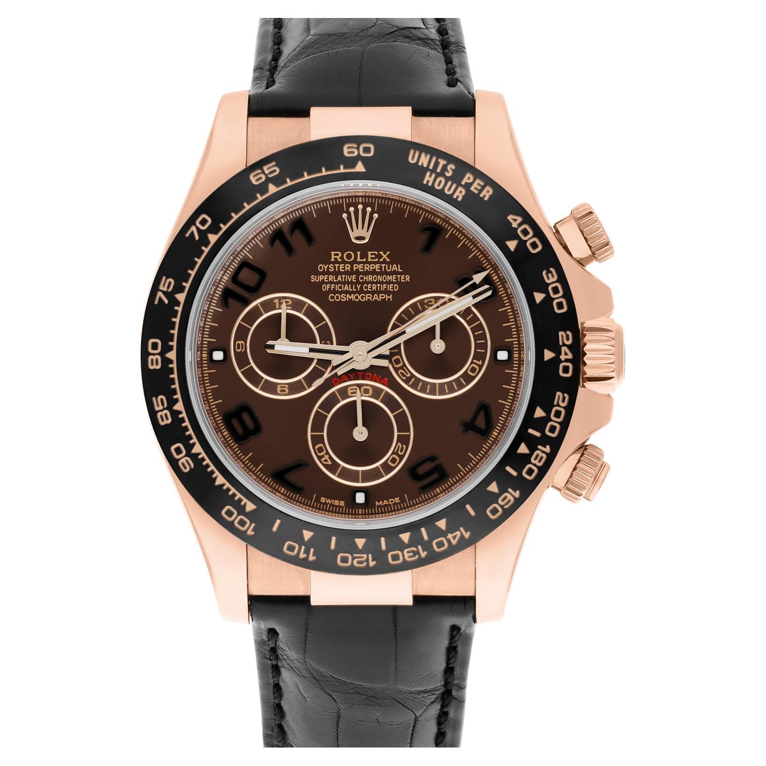 Rolex Daytona 18k Rose Gold Chocolate Arabic Dial Leather Band 40mm Watch 116515 For Sale