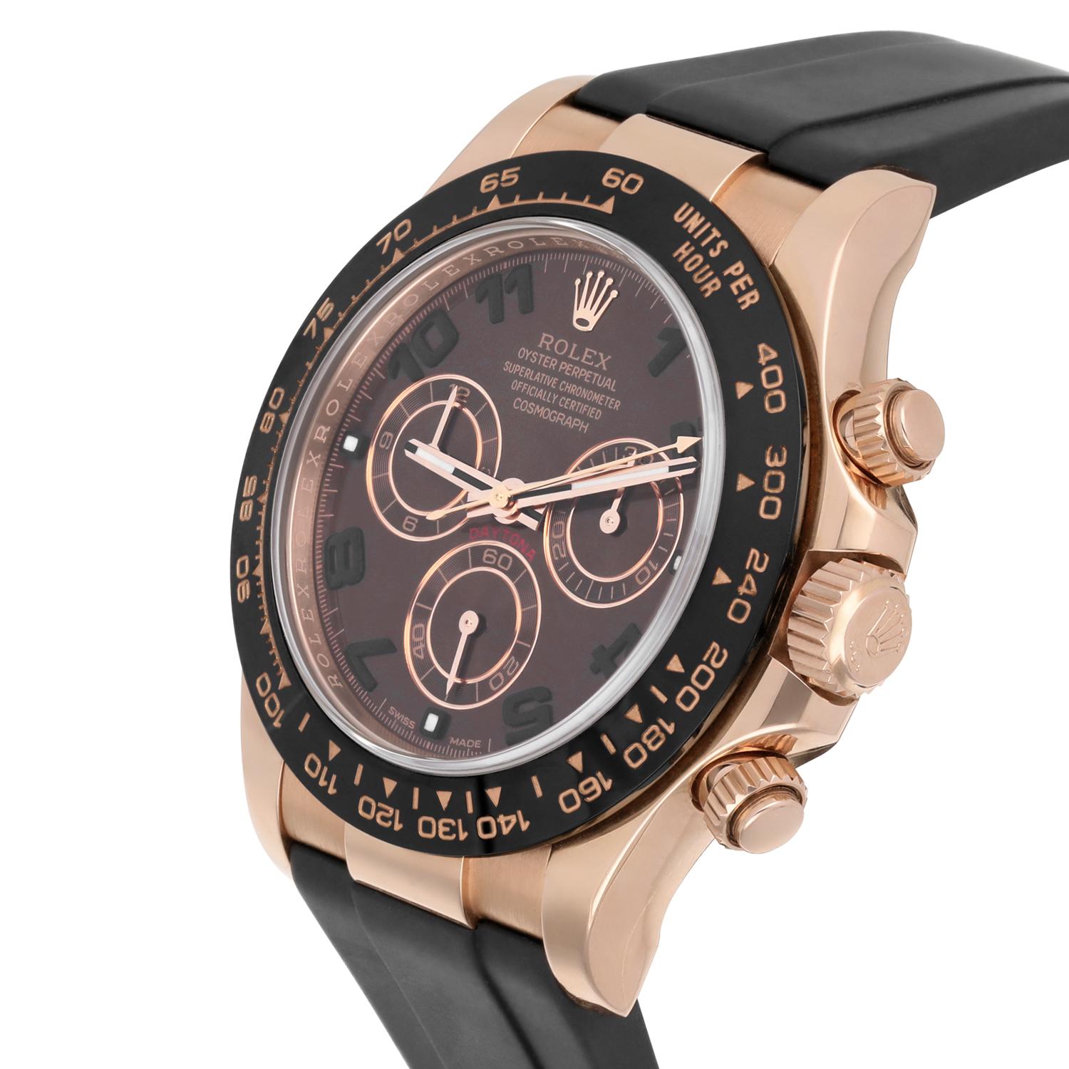 Rolex Daytona 18k Roségold Schokoladenbraune 40mm Uhr mit arabischem Zifferblatt Gummiband 116515 (Moderne)