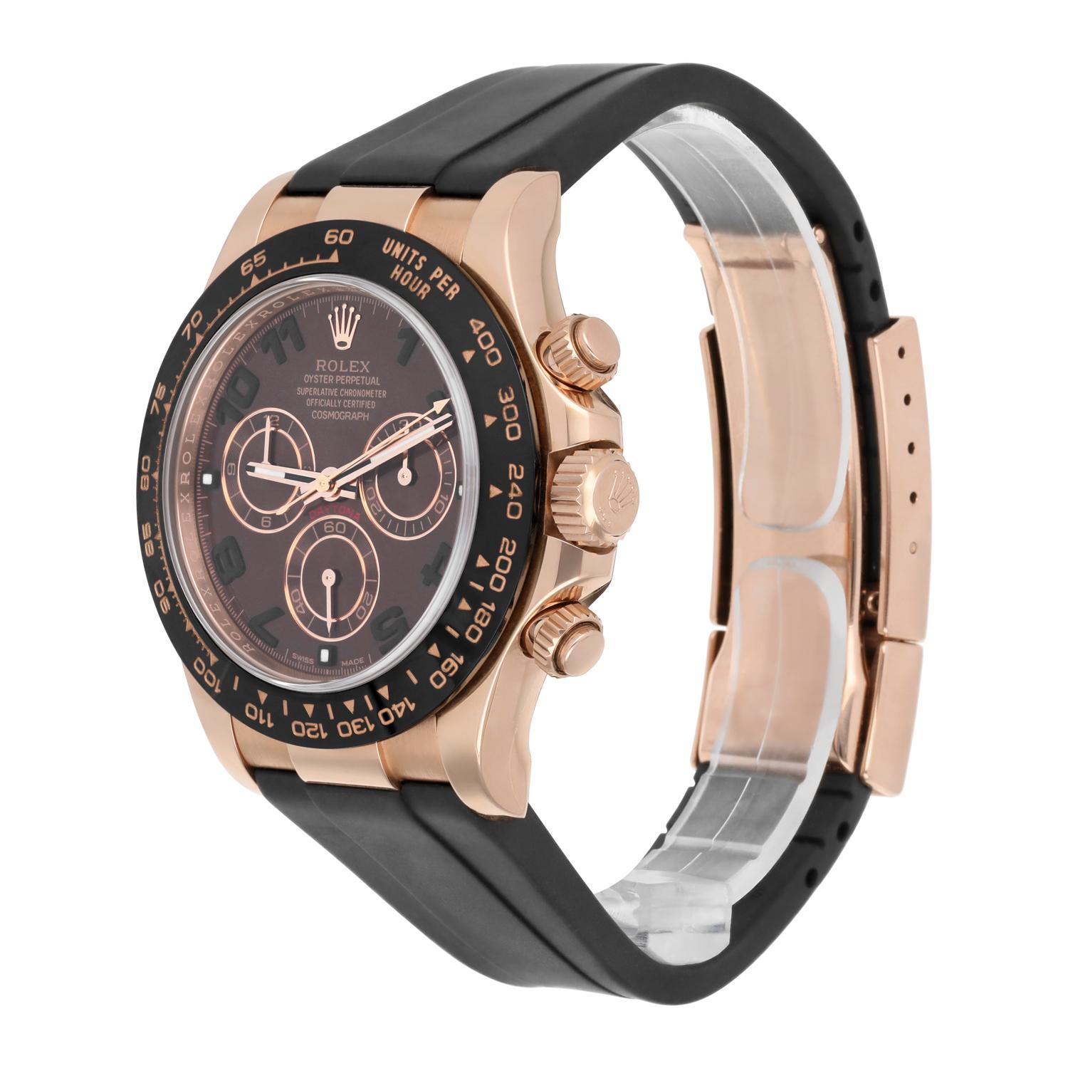 Rolex Daytona 18k Roségold Schokoladenbraune 40mm Uhr mit arabischem Zifferblatt Gummiband 116515 im Zustand „Hervorragend“ in New York, NY