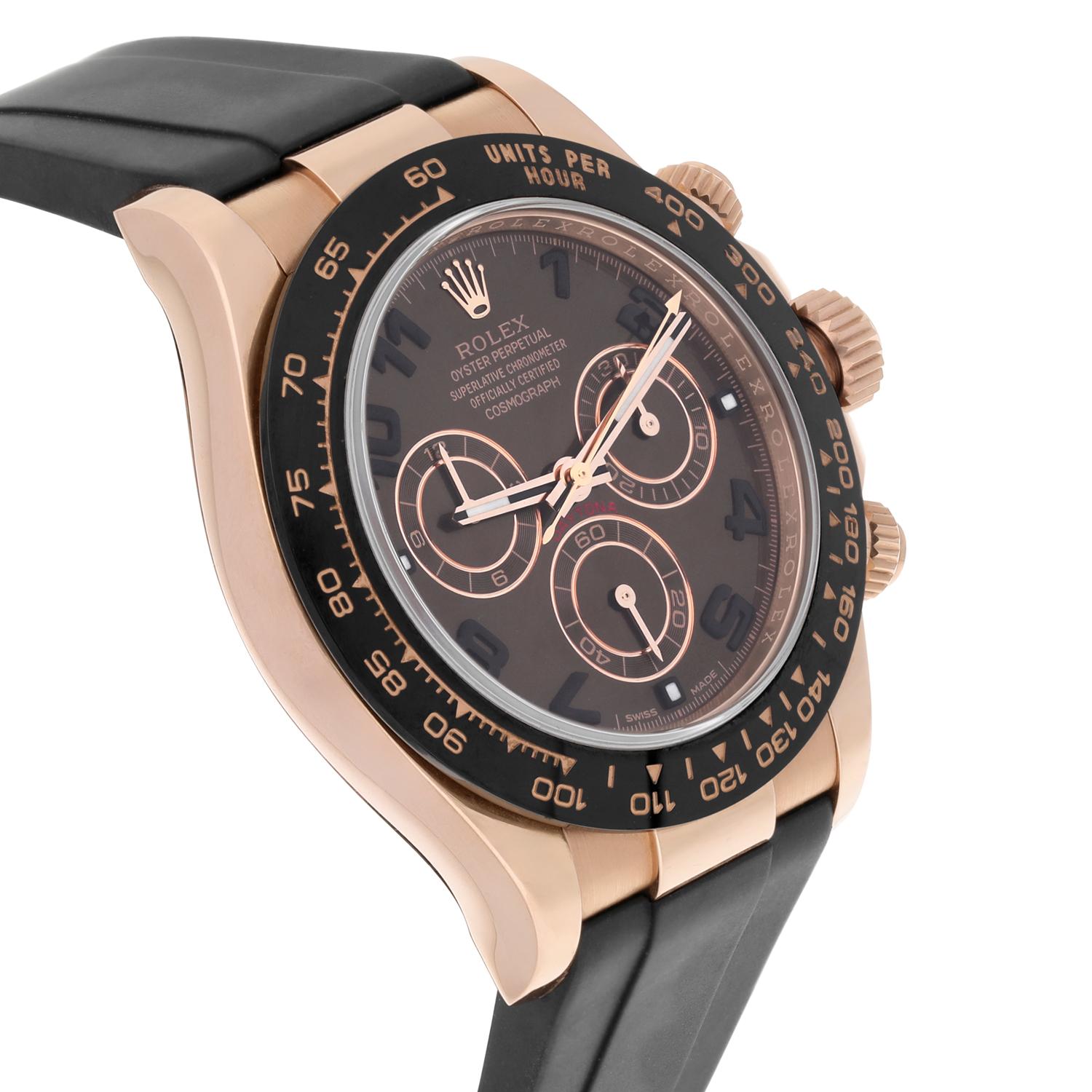 Rolex Daytona 18k Roségold Schokoladenbraune 40mm Uhr mit arabischem Zifferblatt Gummiband 116515 Herren